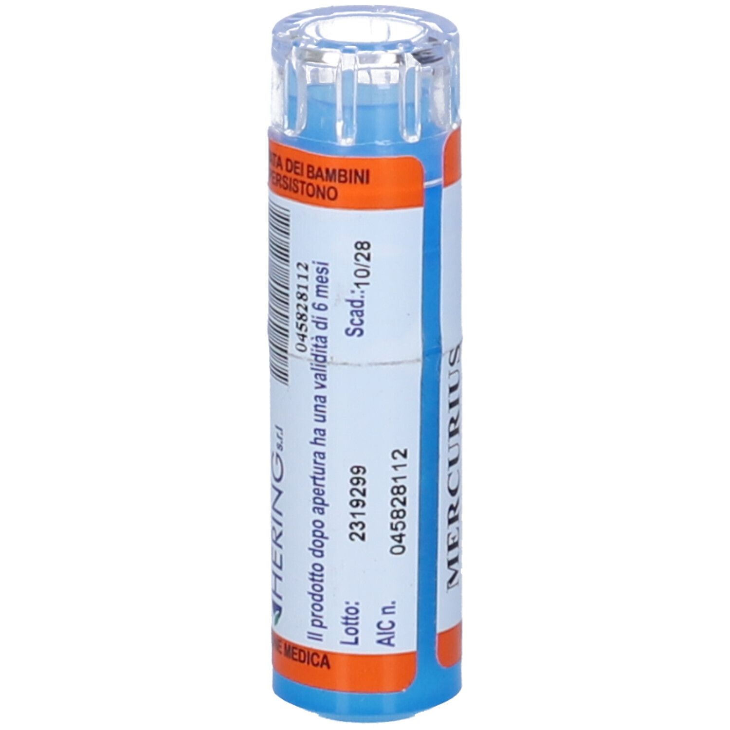 Tubetto farmaceutico blu e arancione con testo bianco. Scritta: HERING, numero di lotto, data di scadenza. Coperchio trasparente.