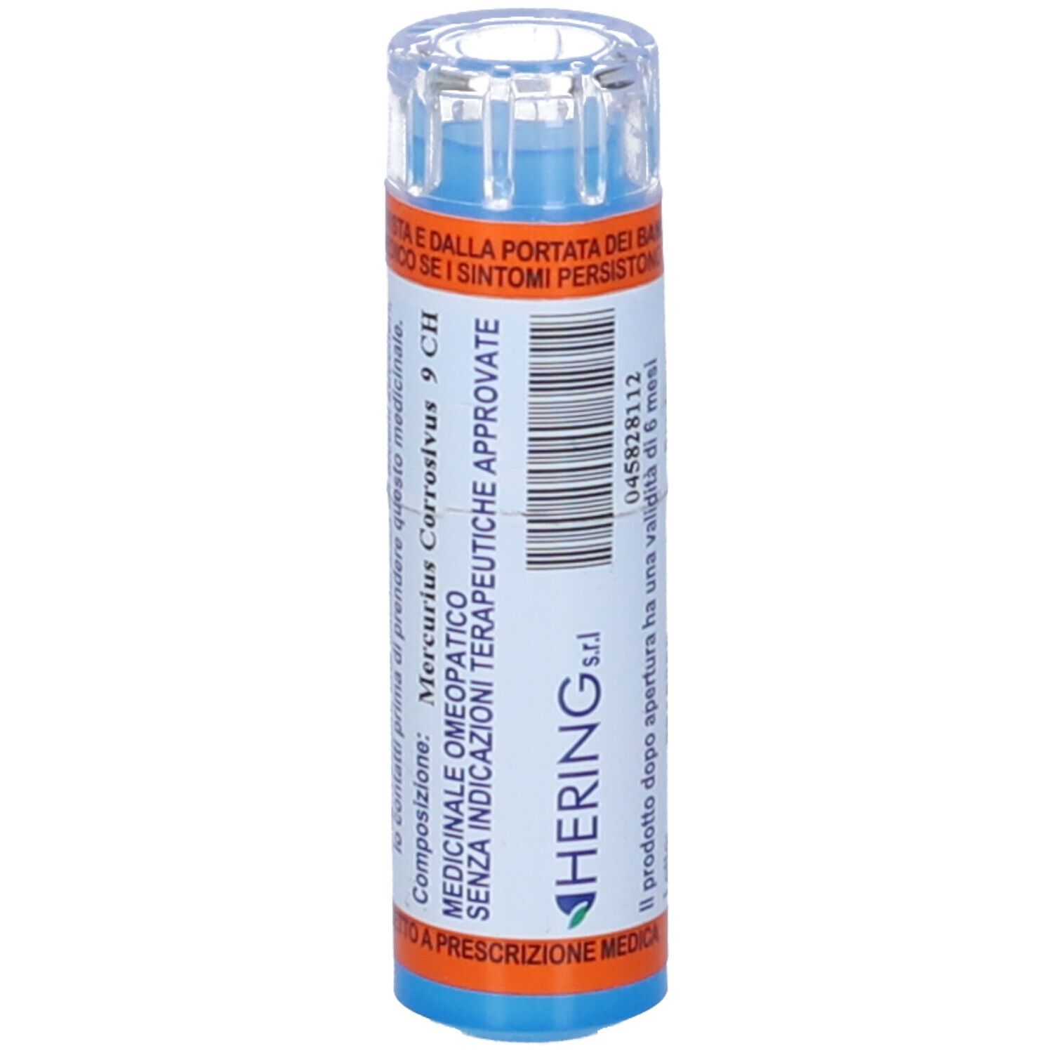 Tubetto farmaceutico blu e arancione con testo bianco. Scritta: HERING, composizione, indicazioni terapeutiche. Coperchio trasparente.