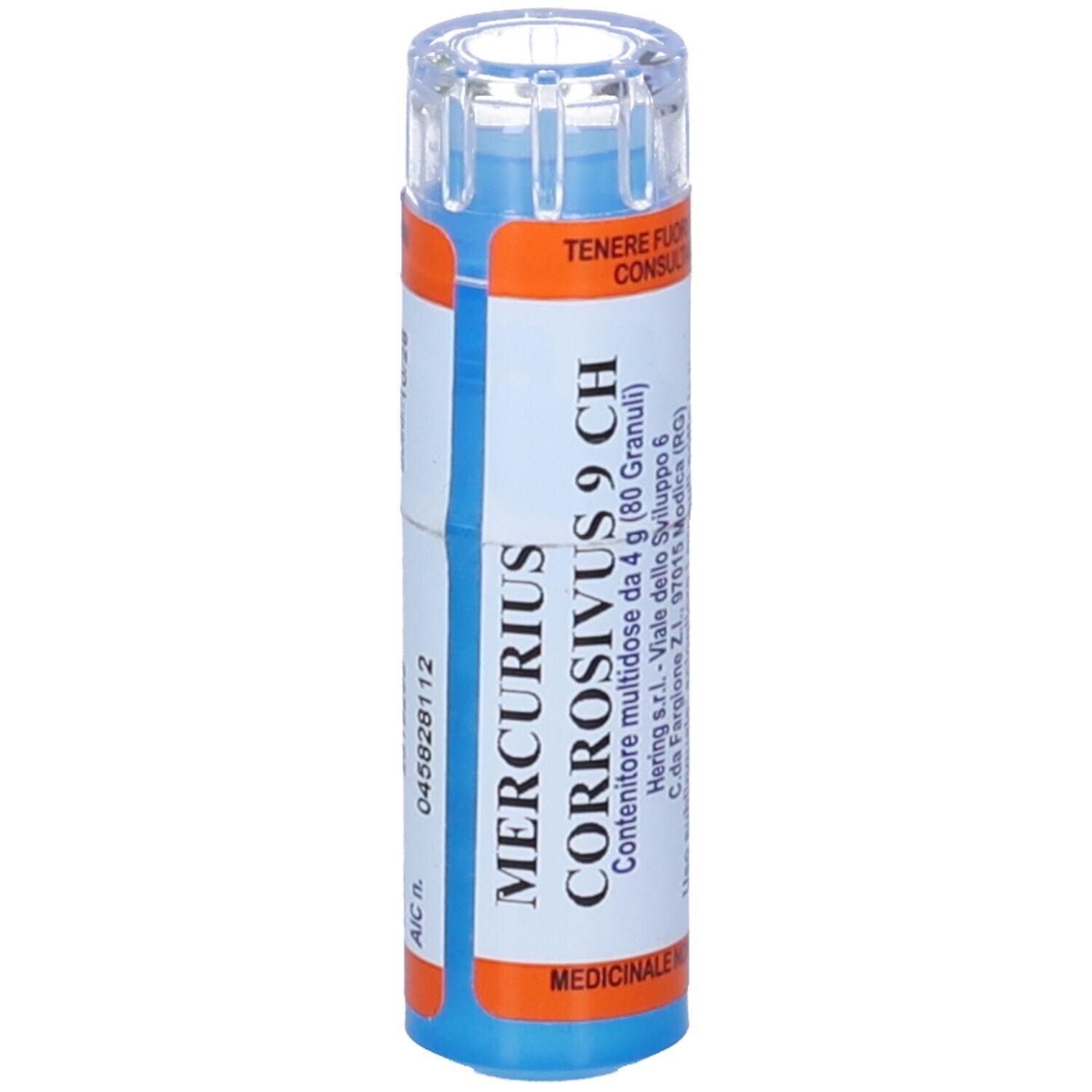 Tubetto farmaceutico blu e arancione con testo bianco. Scritta: Mercurius Corrosivus 9 CH, 80 Granuli. Coperchio trasparente.