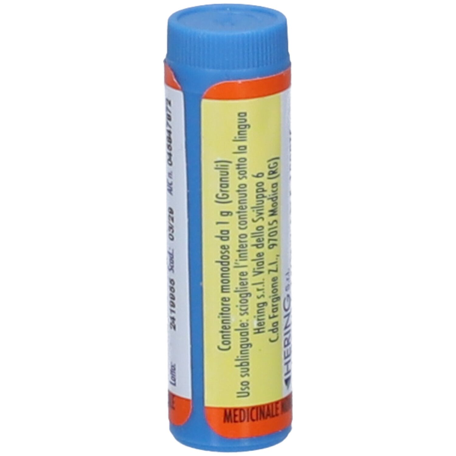 Confezione cilindrica blu e arancione. Scritta: Contenitore monodose da 1 g (Granuli).