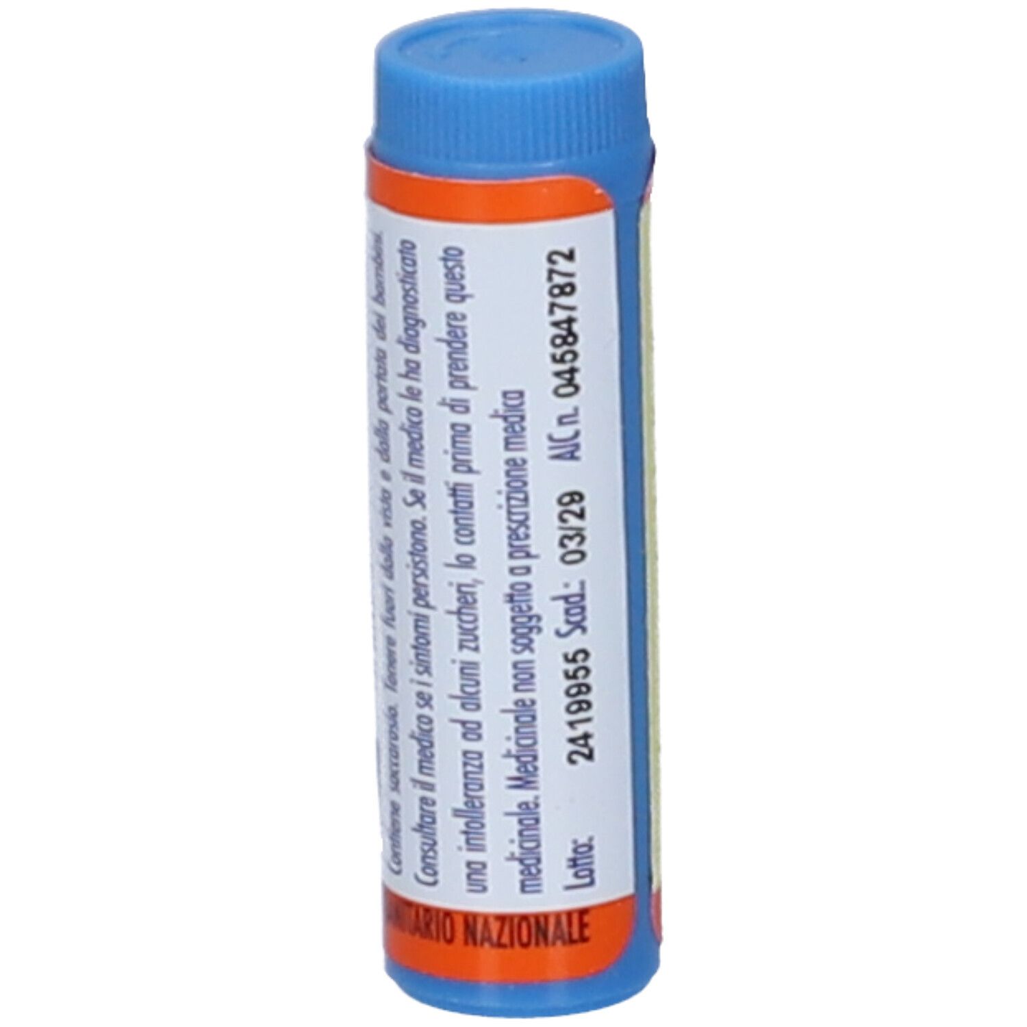 Confezione cilindrica blu e arancione. Scritta: Medicinale non soggetto a prescrizione medica.