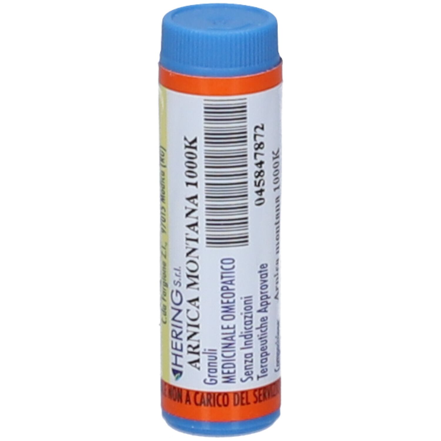 Confezione cilindrica blu e arancione. Scritta: ARNICA MONTANA 1000K, Granuli. Marchio: HERING.