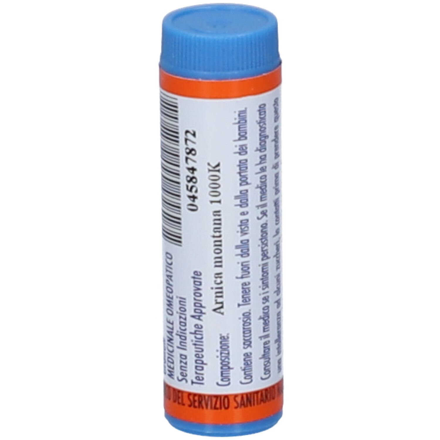 Confezione cilindrica blu e arancione. Scritta: Arnica montana 1000K. Contiene informazioni.