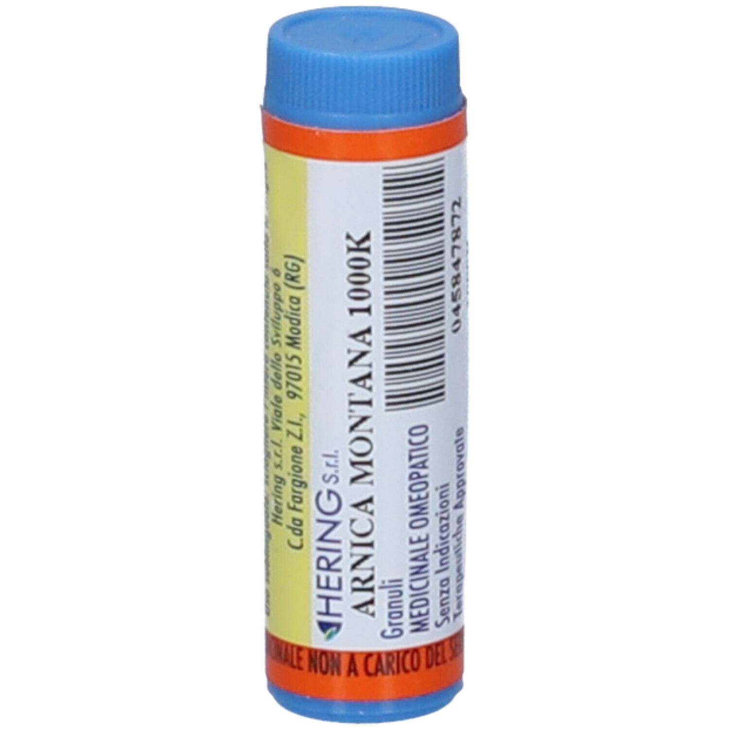 Confezione cilindrica blu e arancione. Scritta: ARNICA MONTANA 1000K, Granuli. Marchio: HERING.