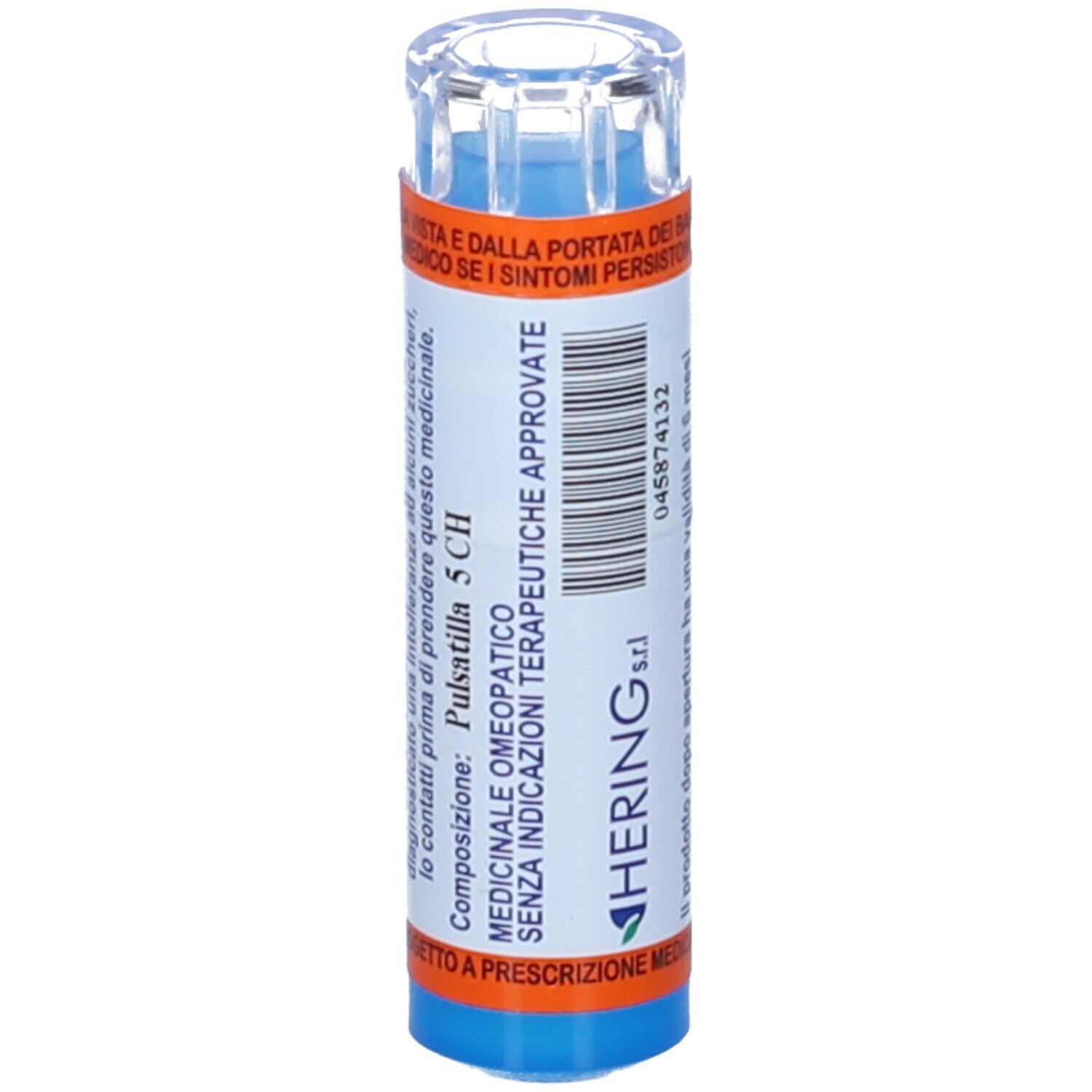 Contenitore cilindrico con tappo trasparente. Scritta: Hering s.r.l. Testo e codice a barre sulle etichette. Medicinale.
