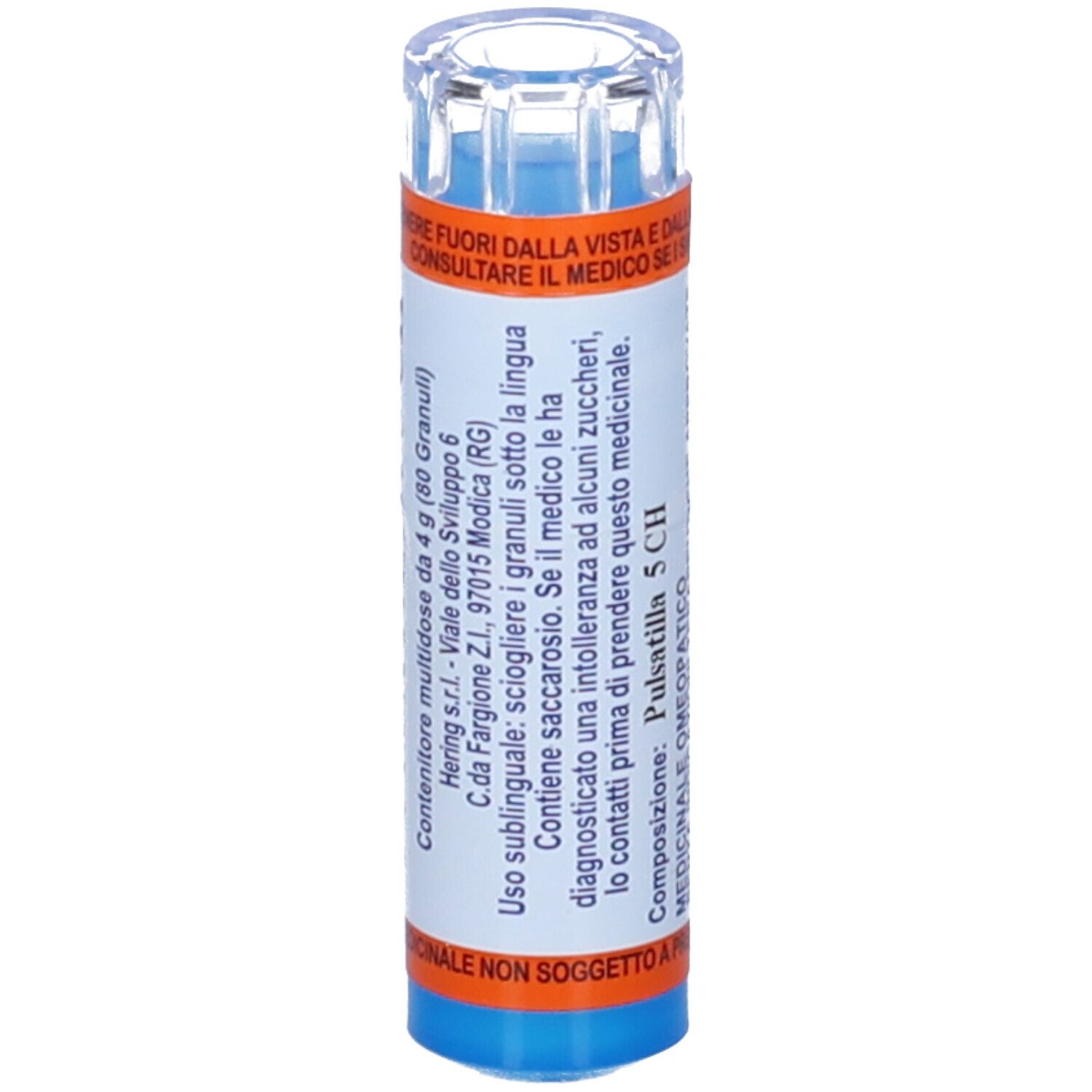 Contenitore cilindrico con tappo trasparente. Scritta: Pulsatilla 5 CH. Etichette con testo. Medicinale. Non soggetto a prescrizione.