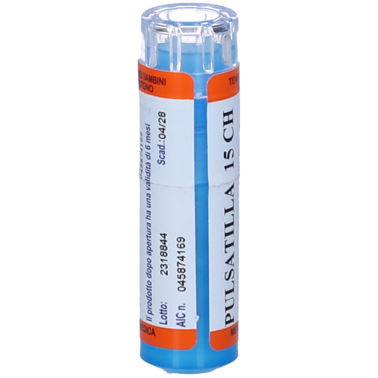 Flacone blu-arancio con etichetta bianca. Scritto: Pulsatilla 15 CH. Contiene informazioni sul lotto e la scadenza.