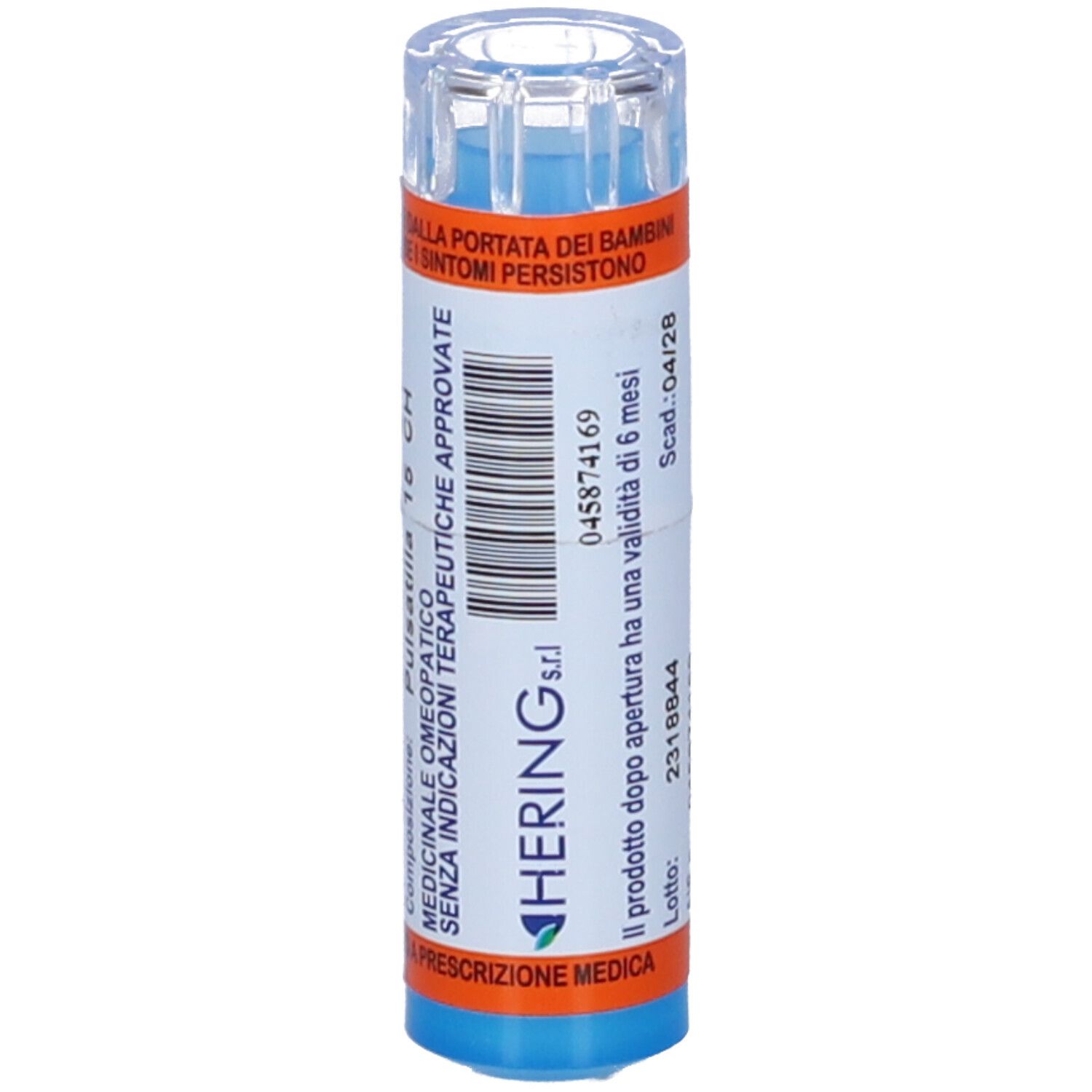 Flacone blu-arancio con etichetta bianca. Scritto: Hering. Contiene informazioni sul lotto e la scadenza.