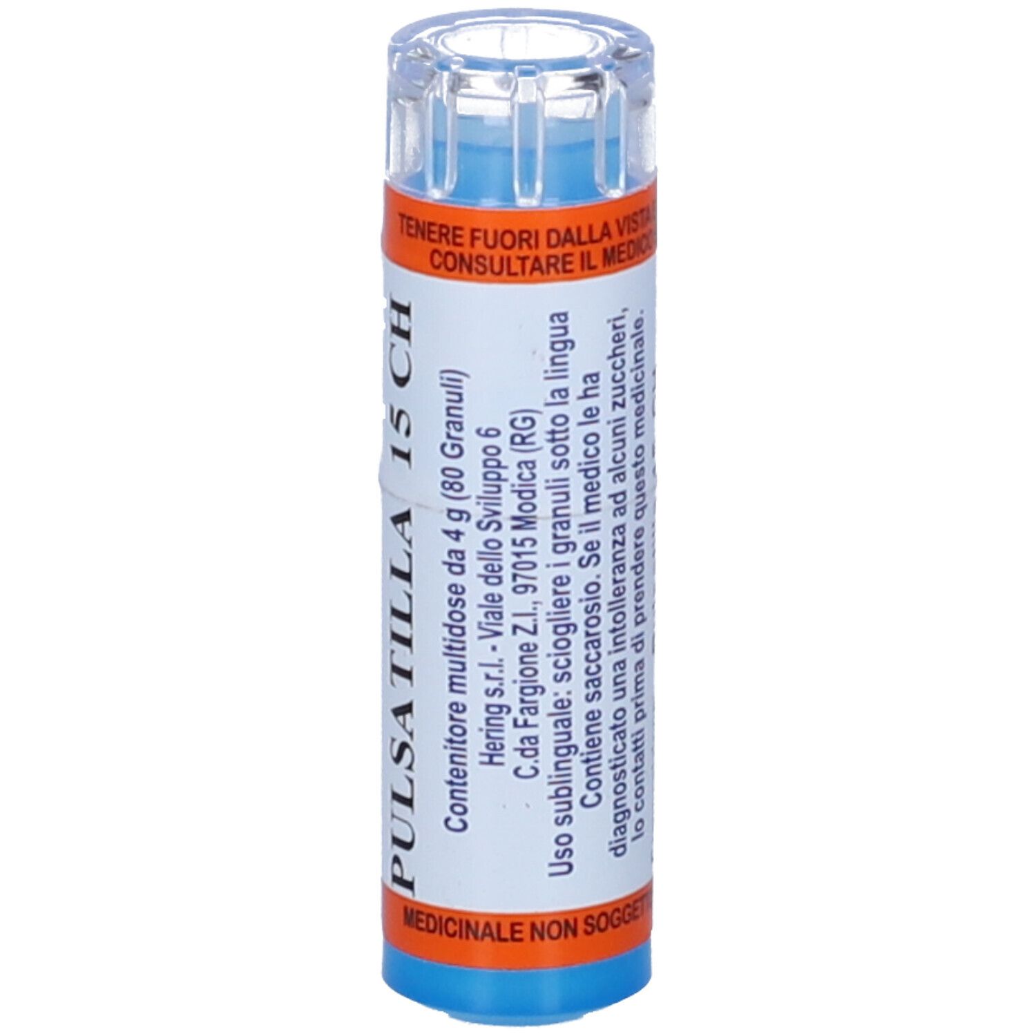 Flacone blu-arancio con etichetta bianca. Scritto: Pulsatilla 15 CH. Contiene 80 granuli.