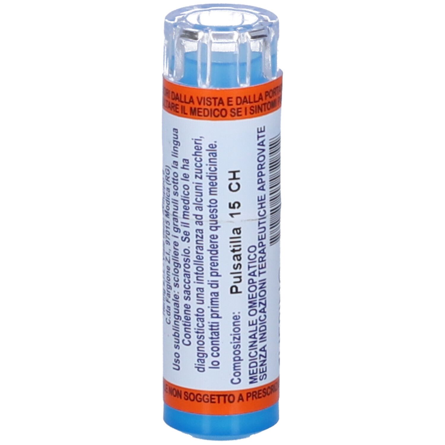 Flacone blu-arancio con etichetta bianca. Scritto: Pulsatilla 15 CH. Contiene 80 granuli.