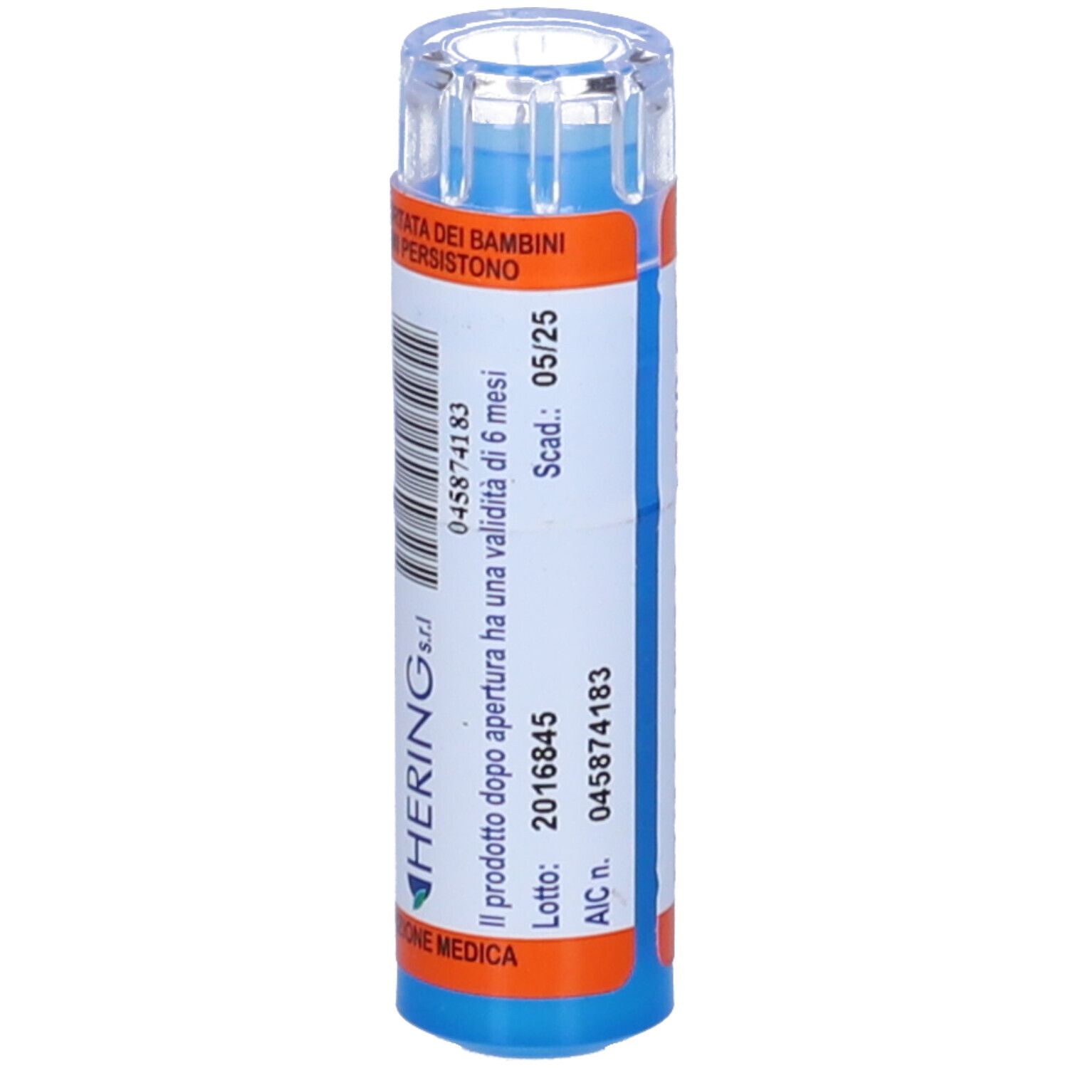 Confezione cilindrica blu e bianca con coperchio trasparente. Scritta: HERING s.r.l. Etichette con testo e codice a barre.