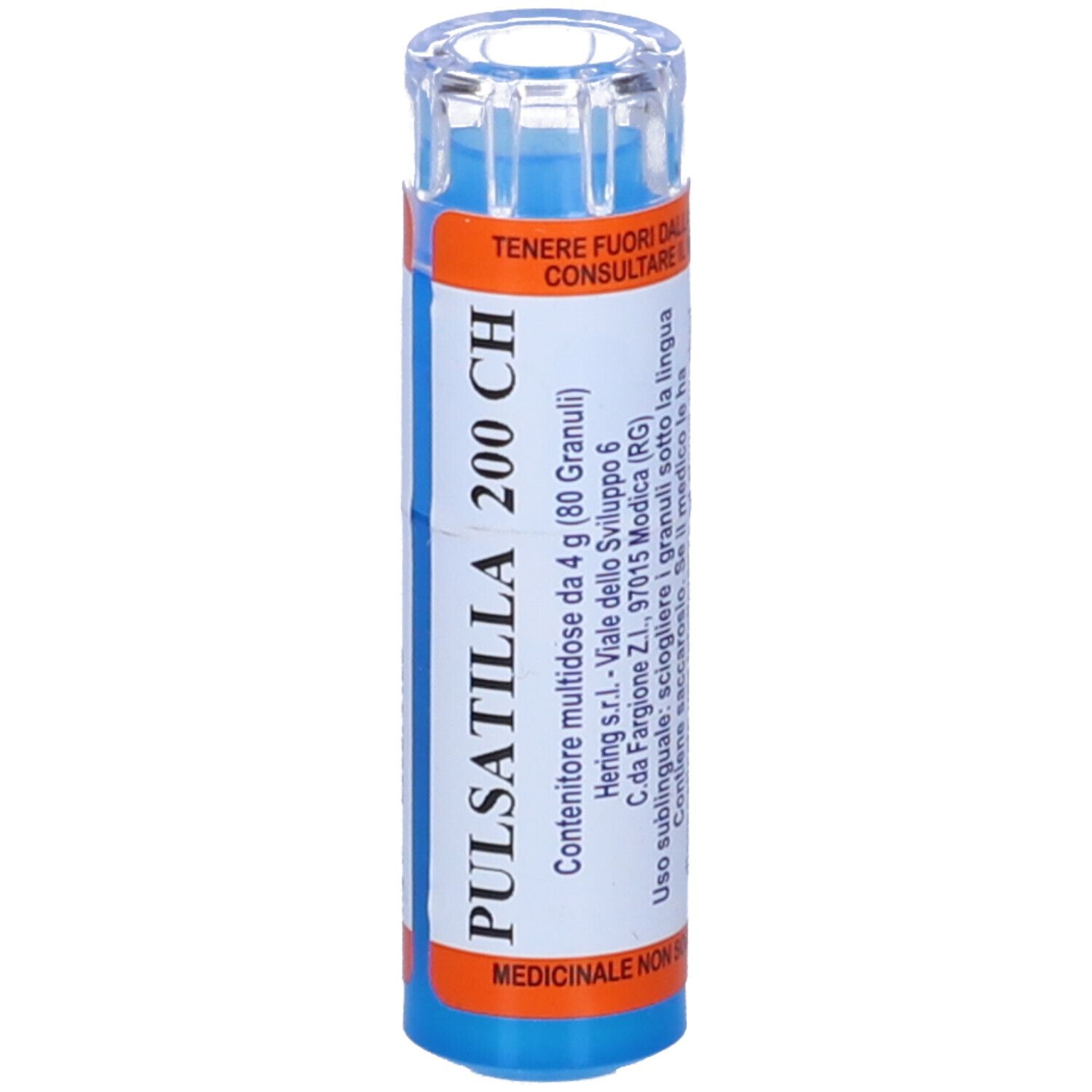 Confezione cilindrica blu e bianca con coperchio trasparente. Scritta: Pulsatilla 200 CH. Testo sulle etichette.