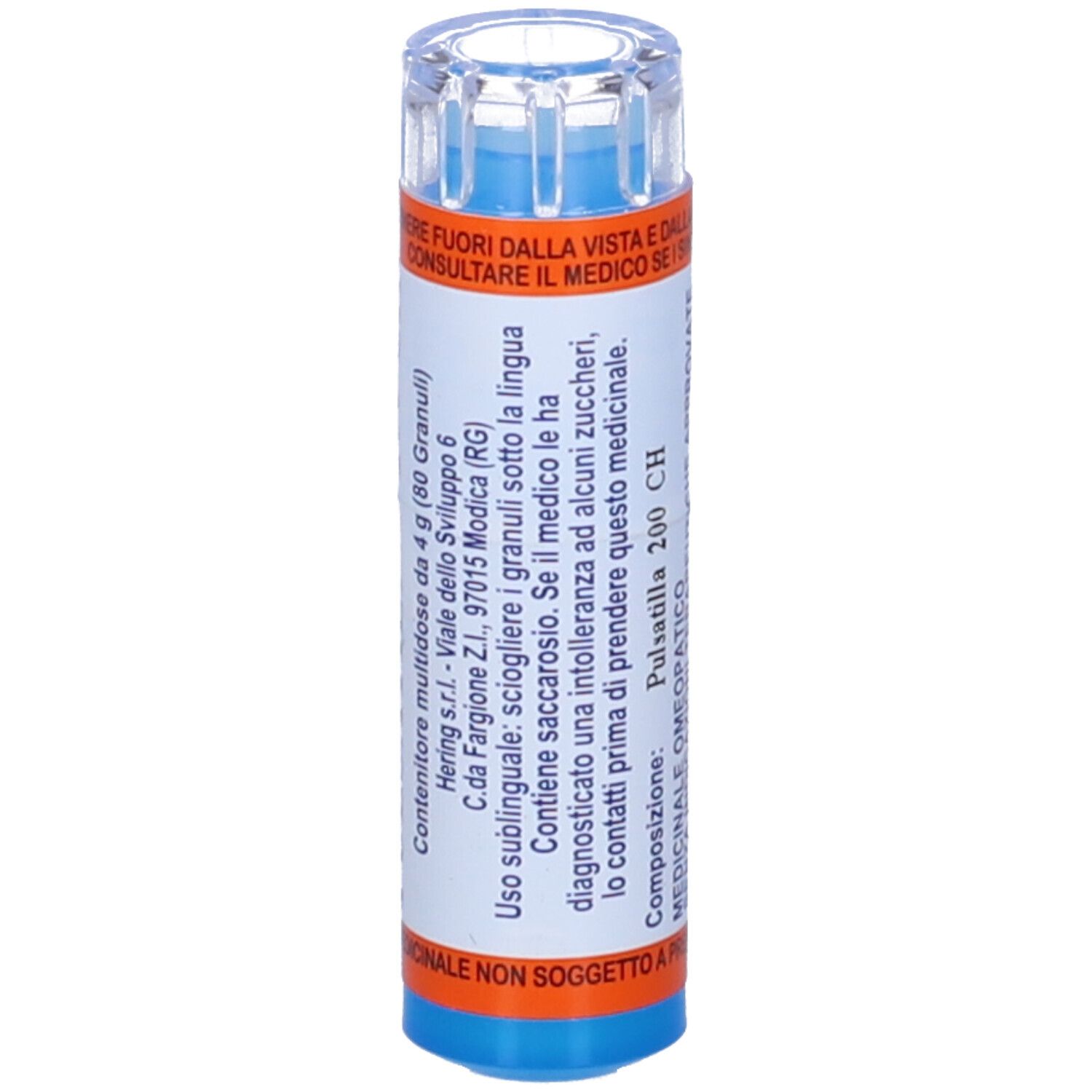 Confezione cilindrica blu e bianca con coperchio trasparente. Scritta: Pulsatilla 200 CH. Testo sulle etichette.
