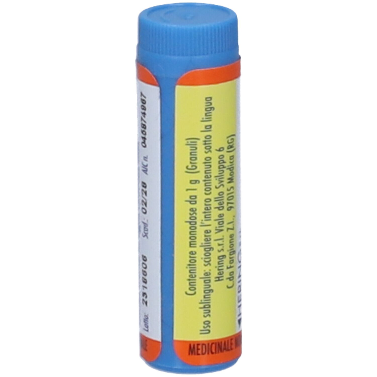 Confezione cilindrica con tappo blu. Scritta: Contenitore monodose da 1 g.