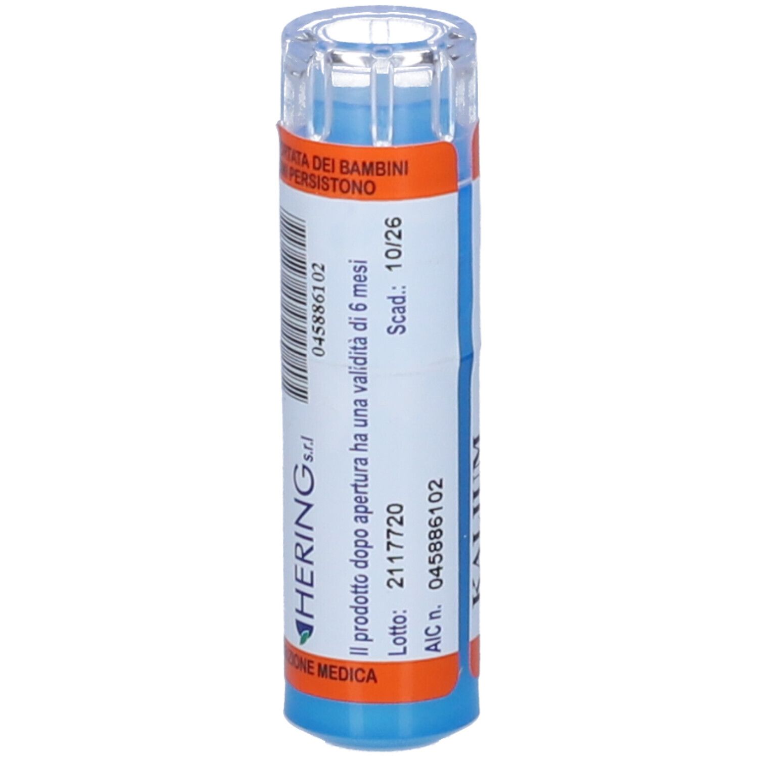 Flacone blu con etichetta bianca. Scritta: HERING s.r.l. e altre informazioni. Dettagli arancioni. Coperchio trasparente.