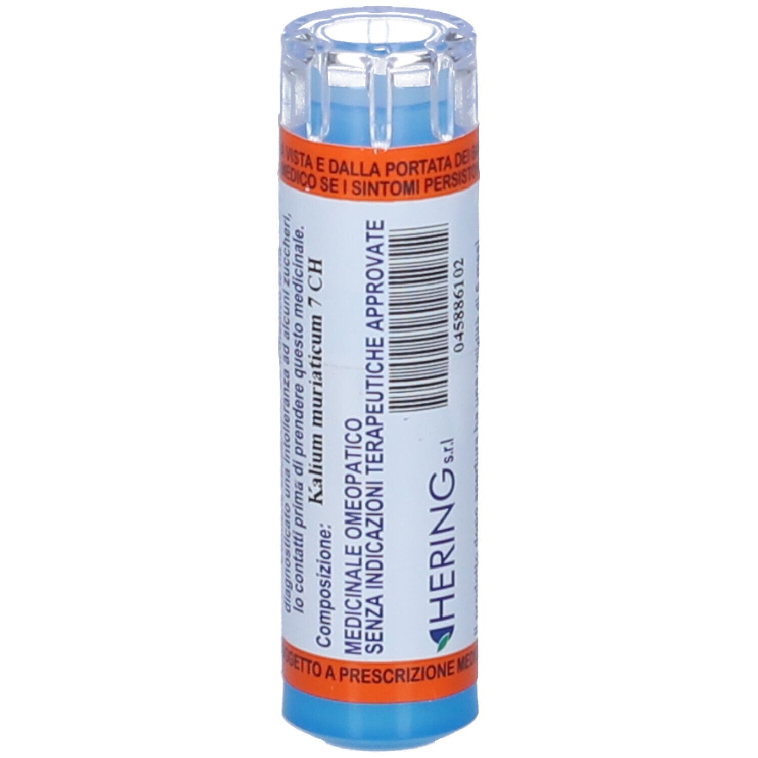 Flacone blu con etichetta bianca. Scritta: HERING s.r.l. e altre informazioni. Dettagli arancioni. Coperchio trasparente.