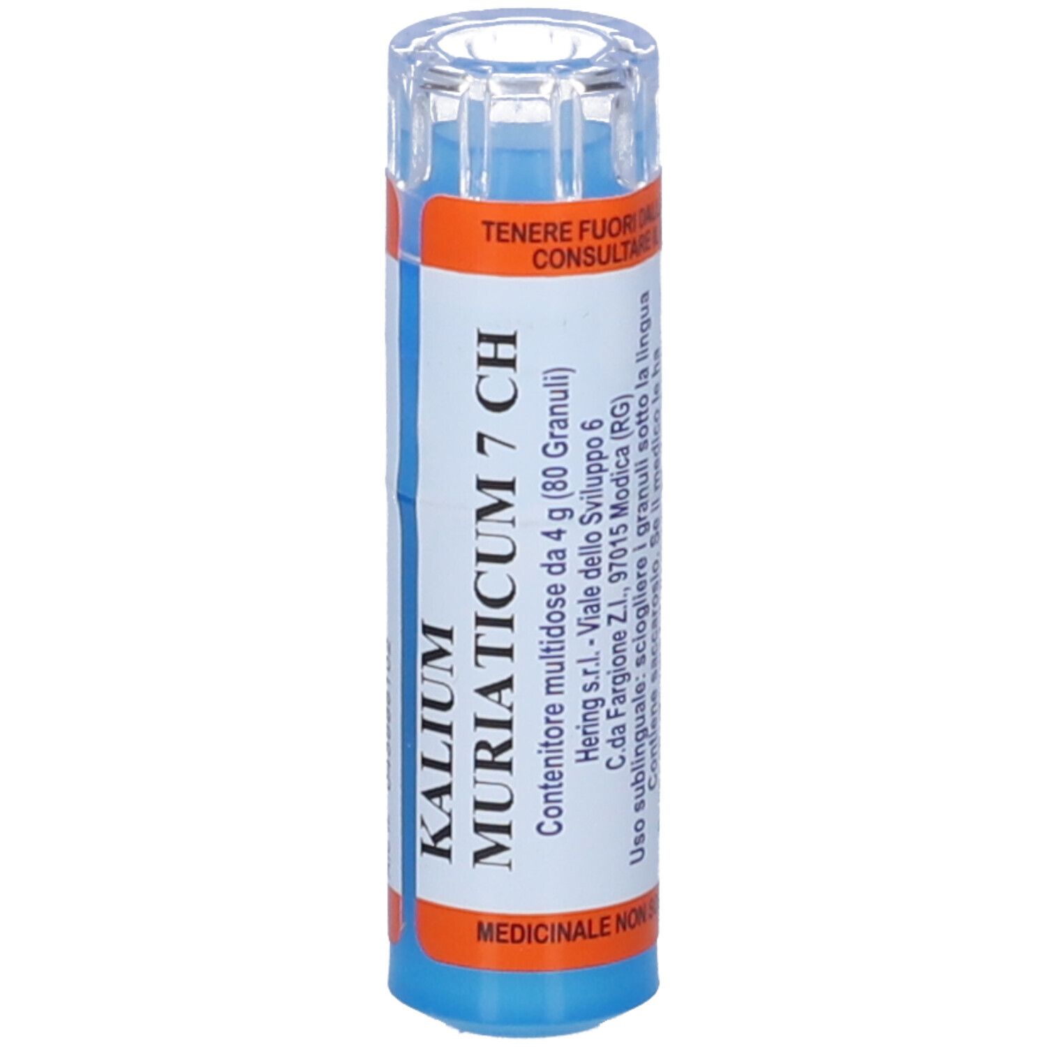 Flacone blu con etichetta bianca. Scritta: Kalium Muriaticum 7 CH. Dettagli arancioni. Coperchio trasparente. Testo: Contenitore multidose.