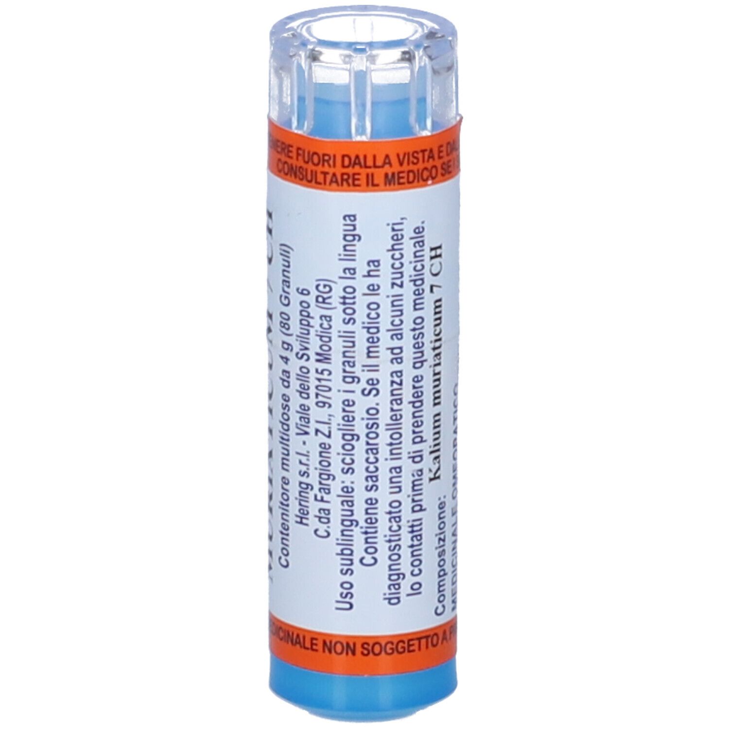 Flacone blu con etichetta bianca. Scritta: Kalium Muriaticum 7 CH. Dettagli arancioni. Coperchio trasparente. Testo: Contenitore multidose.