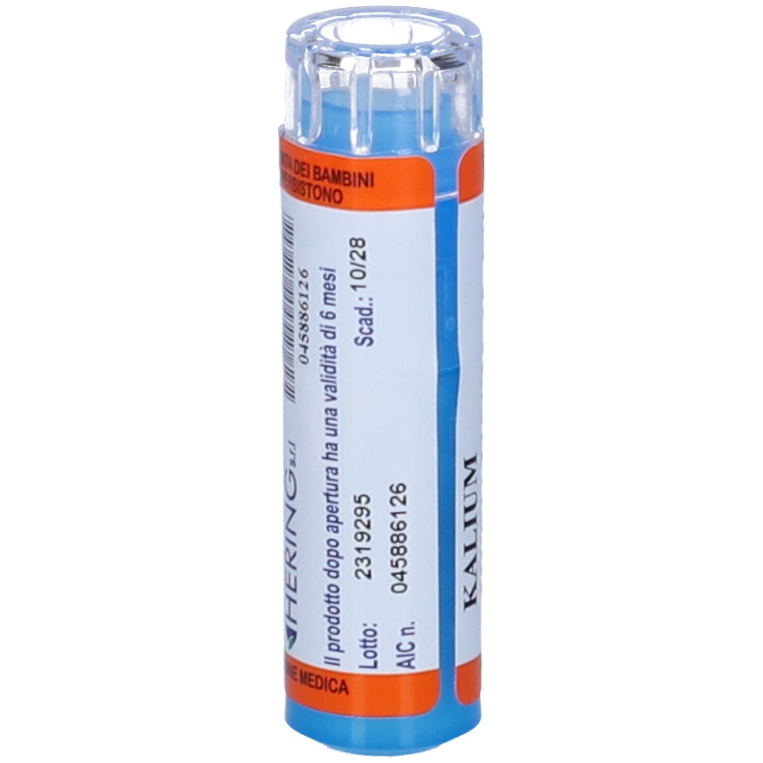 Contenitore multidose cilindrico. Base blu, tappo trasparente. Scritta: KALIUM. Dettagli: 045886126, 2319295, scad. 10/28.