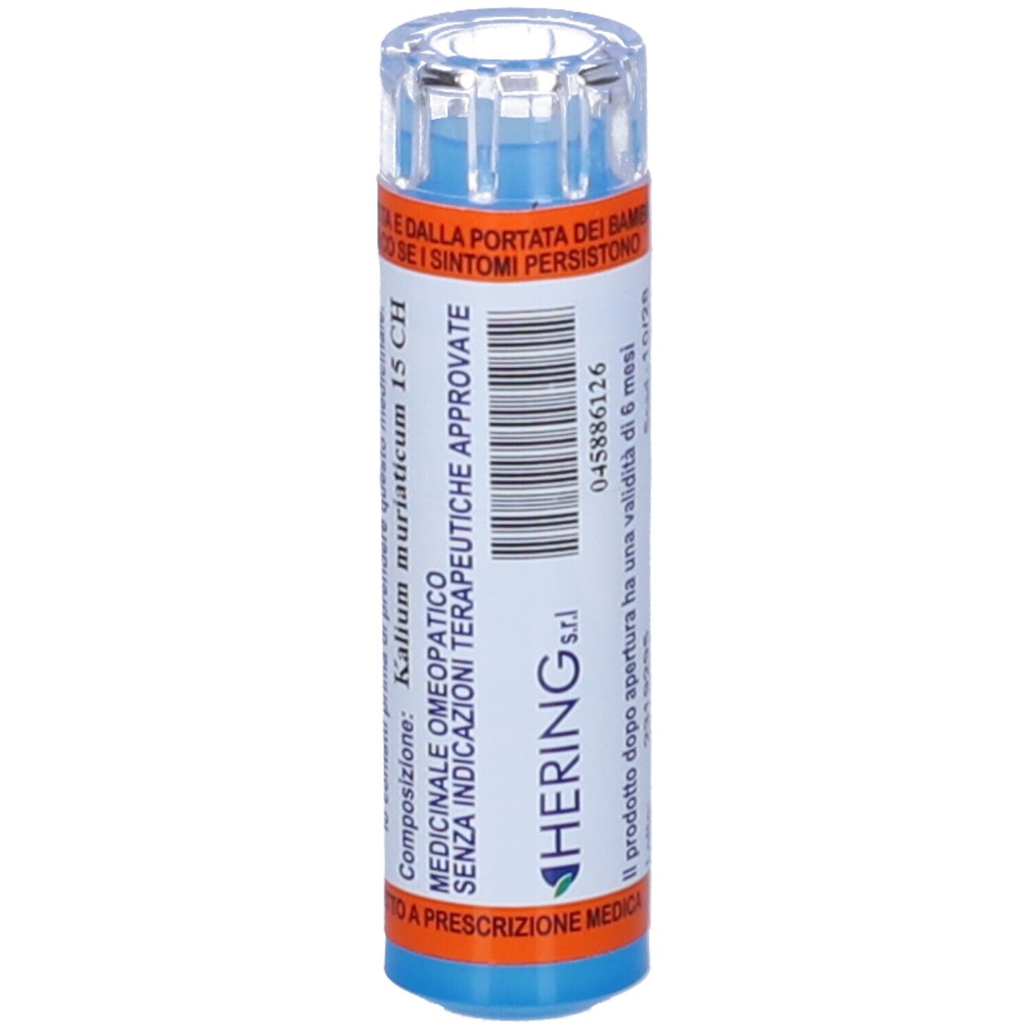 Contenitore multidose cilindrico. Base blu, tappo trasparente. Scritta: HERING s.r.l. e altre informazioni.