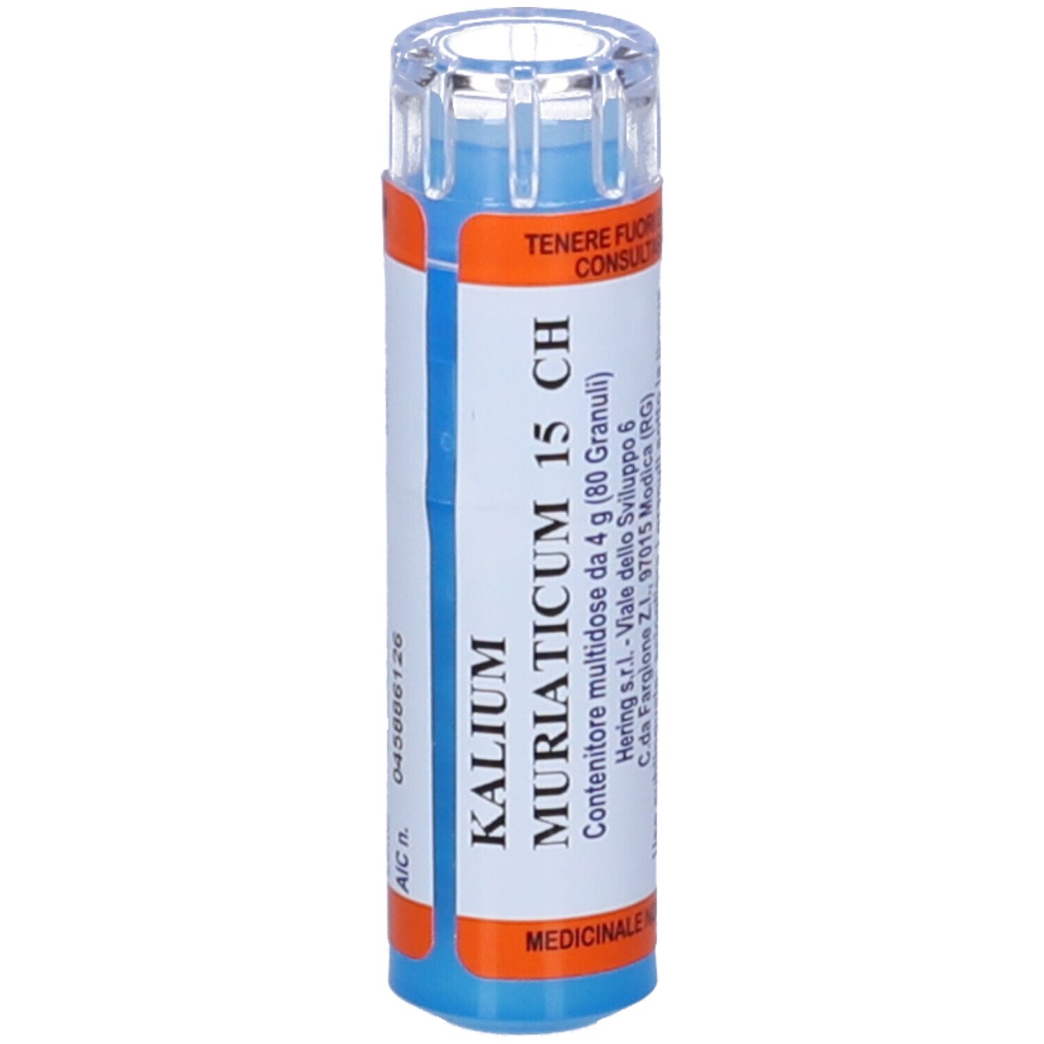Contenitore multidose cilindrico. Base blu, tappo trasparente. Scritta: KALIUM MURIATICUM 15 CH, 80 granuli.
