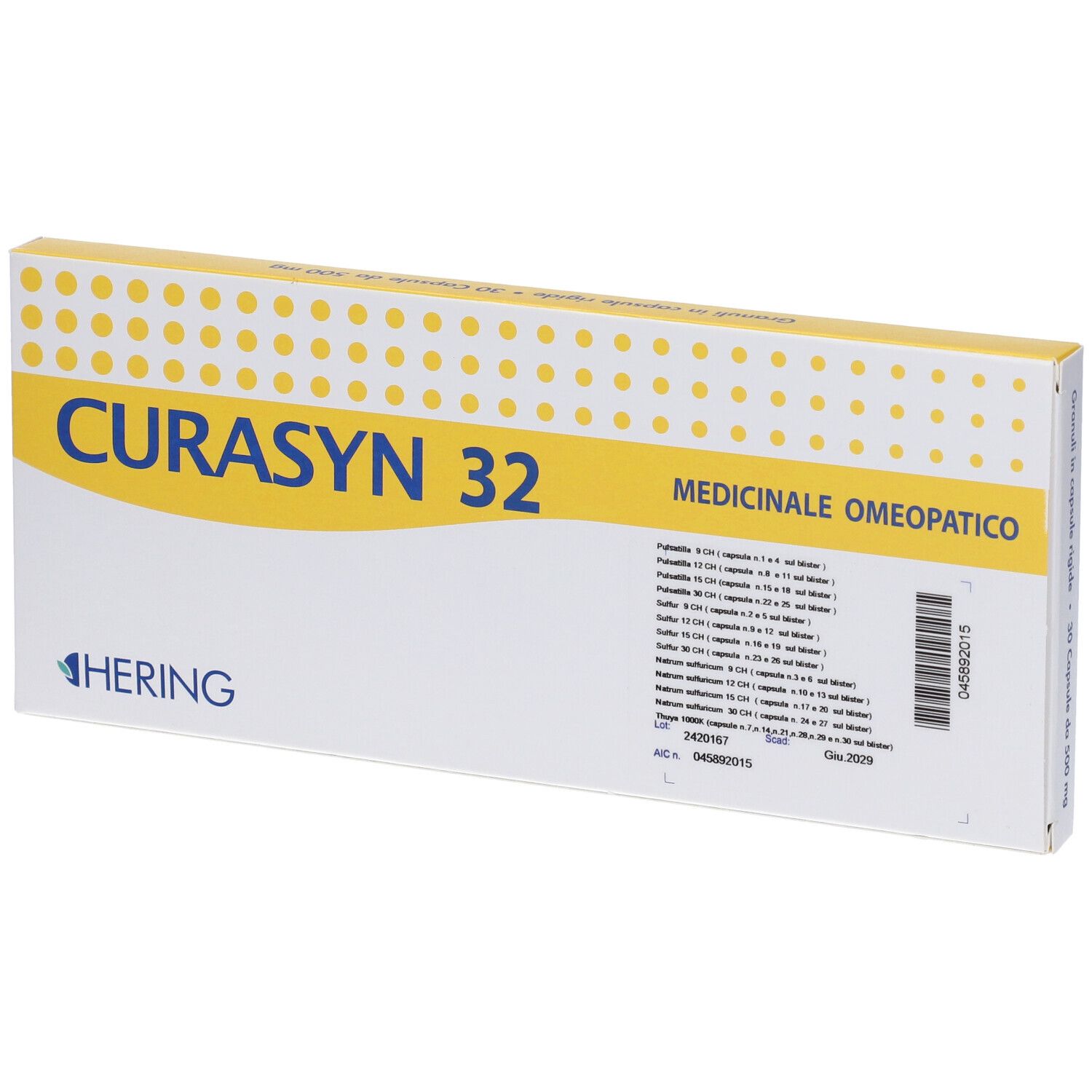 Scatola di Curasyn 32. Gialla e bianca, con nome del prodotto e informazioni mediche. Marchio HERING. "Medicinale Omeopatico".