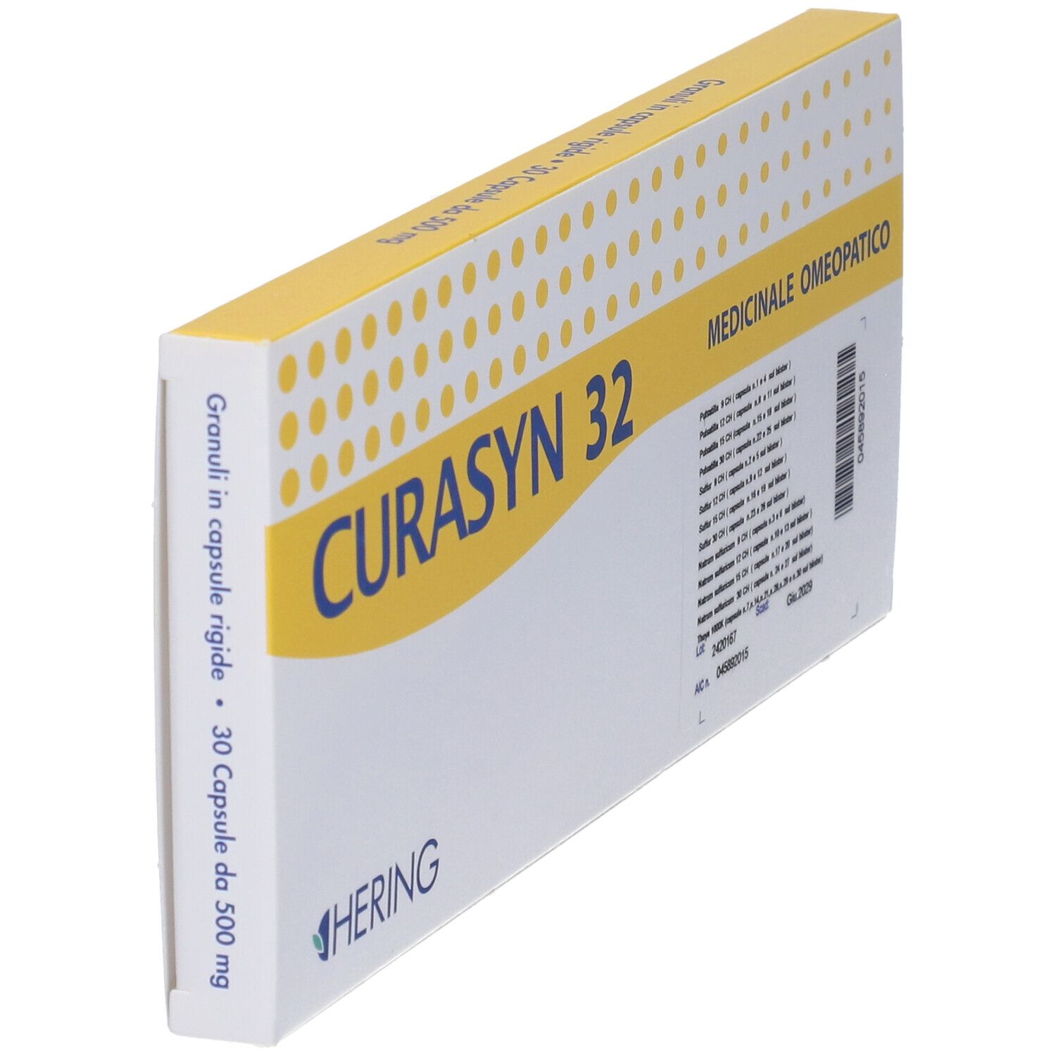 Scatola di Curasyn 32 angolata. Gialla e bianca, con nome del prodotto e informazioni mediche. Marchio HERING.