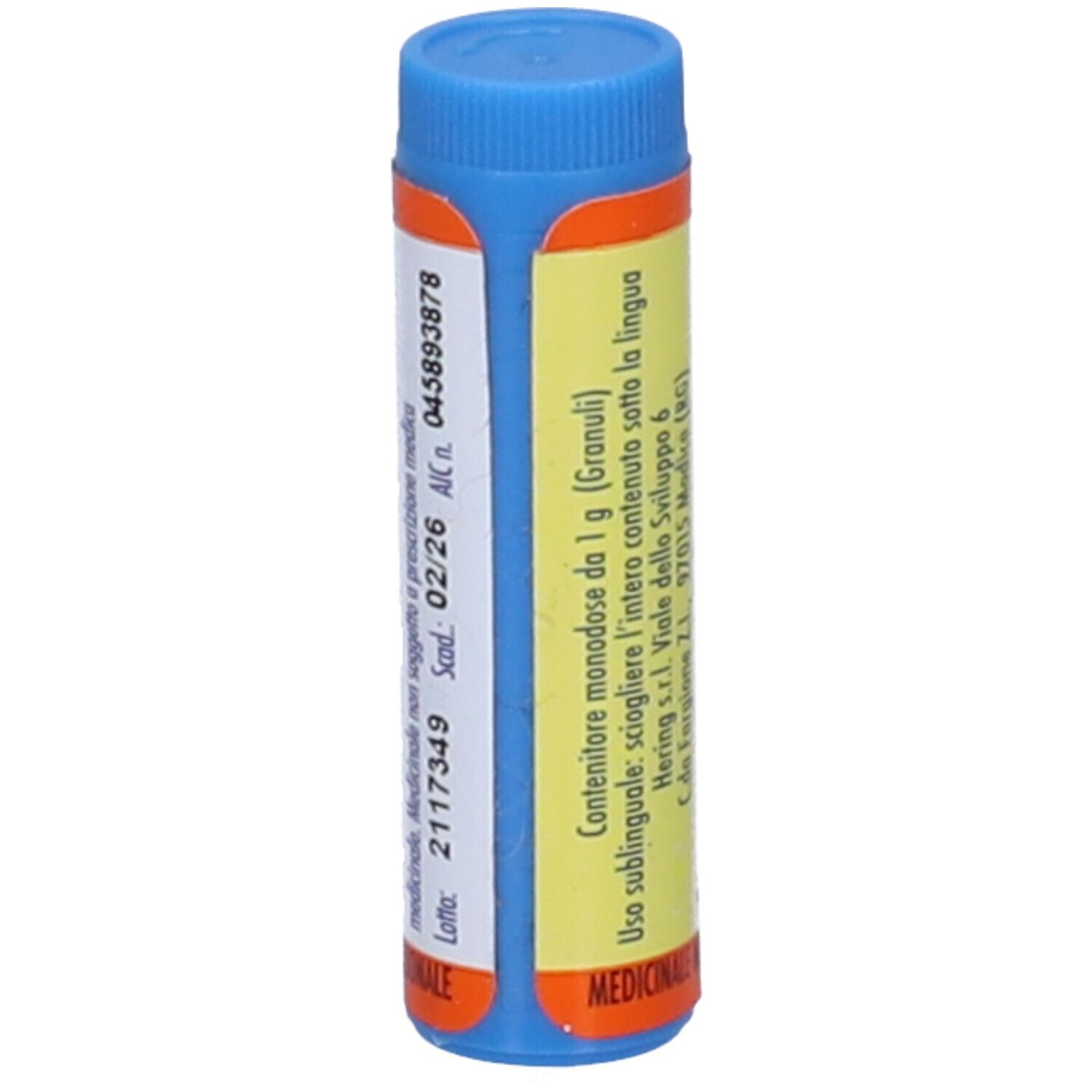 Contenitore monodose cilindrico con tappo blu e etichetta arancione. Scritta: Contenitore monodose da 1 g.