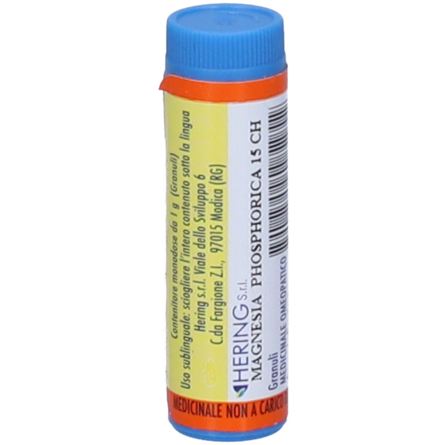 Contenitore monodose cilindrico con tappo blu e etichetta arancione. Scritta: Magnesia Phosphorica 15 CH. Hering.