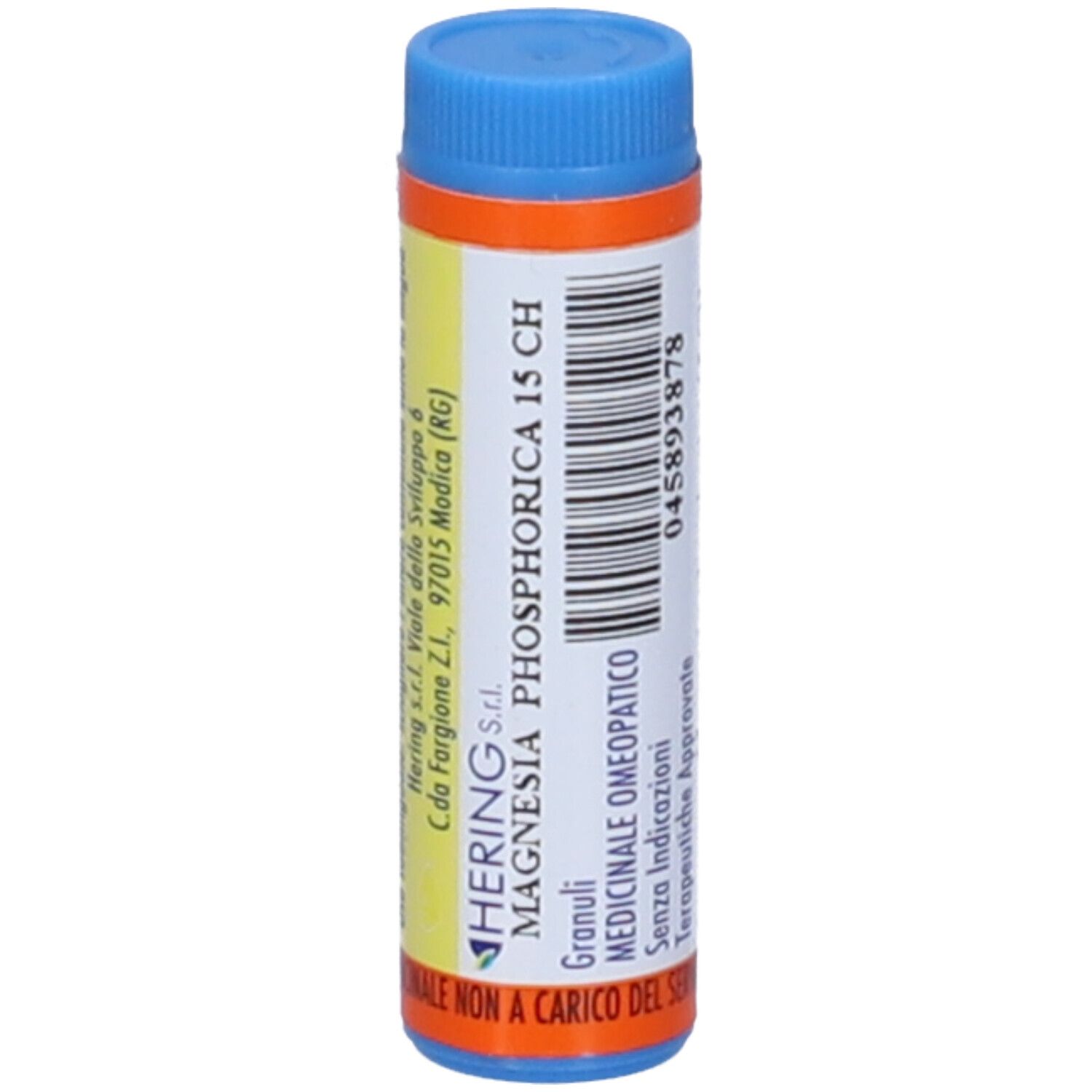 Contenitore monodose cilindrico con tappo blu e etichetta arancione. Scritta: Magnesia Phosphorica 15 CH. Hering.
