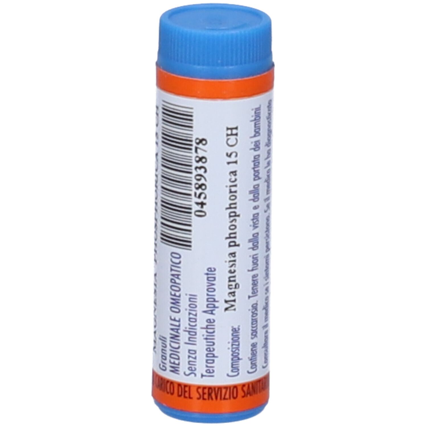 Contenitore monodose cilindrico con tappo blu e etichetta arancione. Scritta: Magnesia phosphorica 15 CH. Avvertenze.