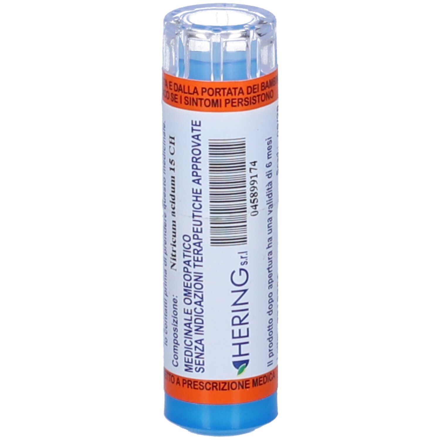 Contenitore cilindrico blu e arancione. Scritta: HERING, NITRICUM acidum 15 CH. Indicazioni mediche. Informazioni del produttore.