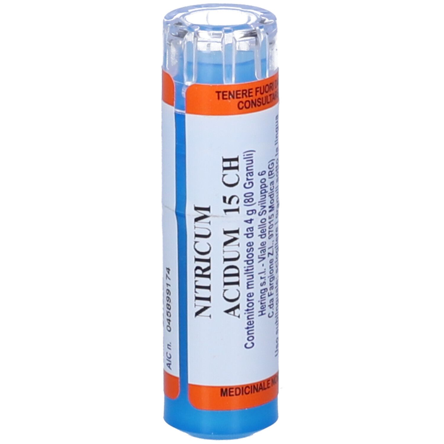 Contenitore cilindrico blu e arancione. Scritta: NITRICUM ACIDUM 15 CH. Contenitore multidose con 80 granuli. Informazioni del produttore.