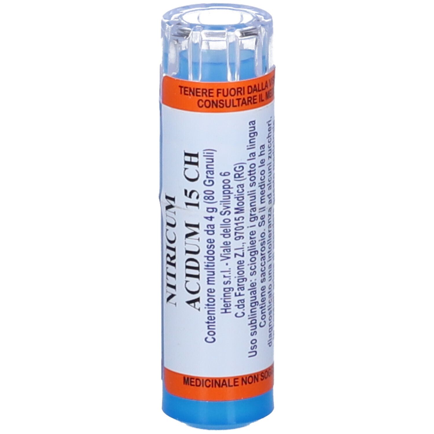 Contenitore cilindrico blu e arancione. Scritta: NITRICUM ACIDUM 15 CH. Contenitore multidose con 80 granuli. Informazioni del produttore.