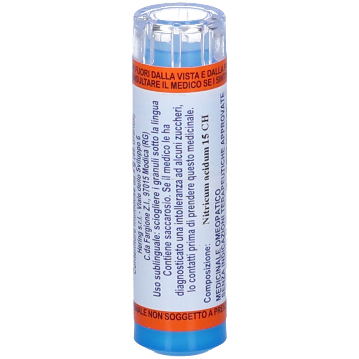 Contenitore cilindrico blu e arancione. Scritta: NITRICUM acidum 15 CH. Indicazioni mediche. Informazioni del produttore.