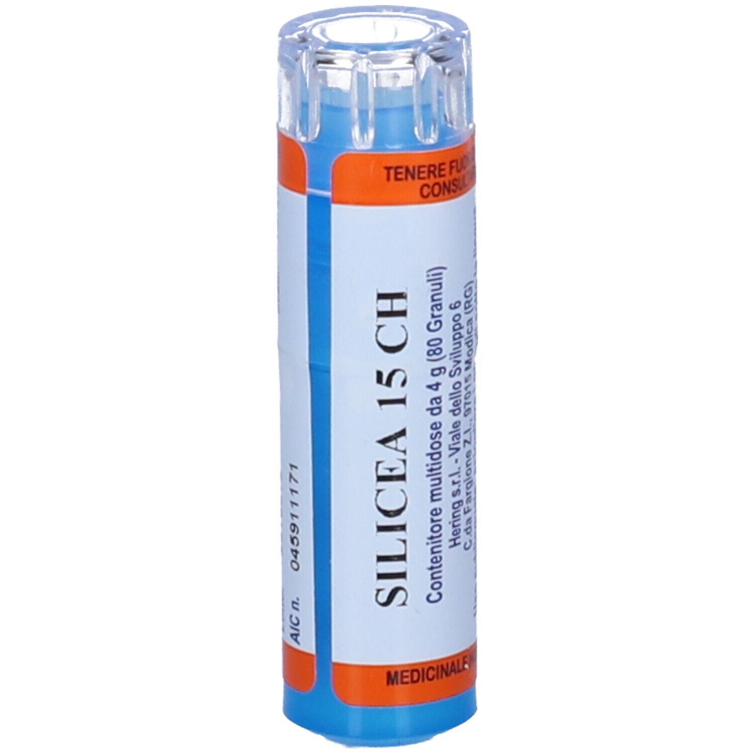 Contenitore blu-arancio Silicea 15 CH. Contiene 80 granuli. Informazioni produttore e indicazioni mediche.