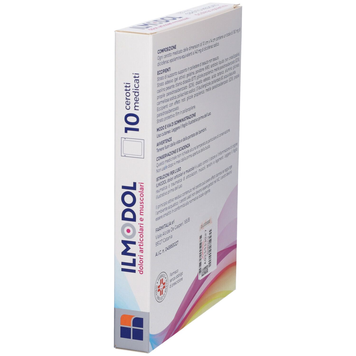 Vista laterale della confezione con scritta ILMODOL e 10 cerotti medicati. Testo su ingredienti e uso.