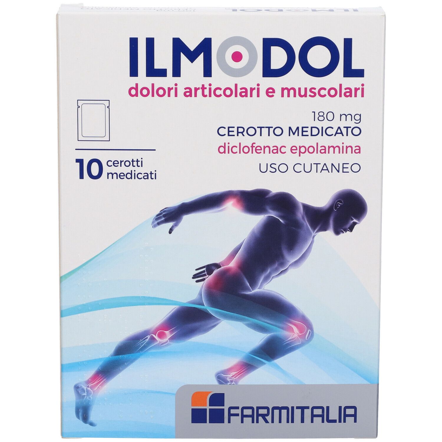 Confezione da 10 cerotti medicati. Scritta: ILMODOL, dolori articolari e muscolari. Contiene diclofenac epolamina.