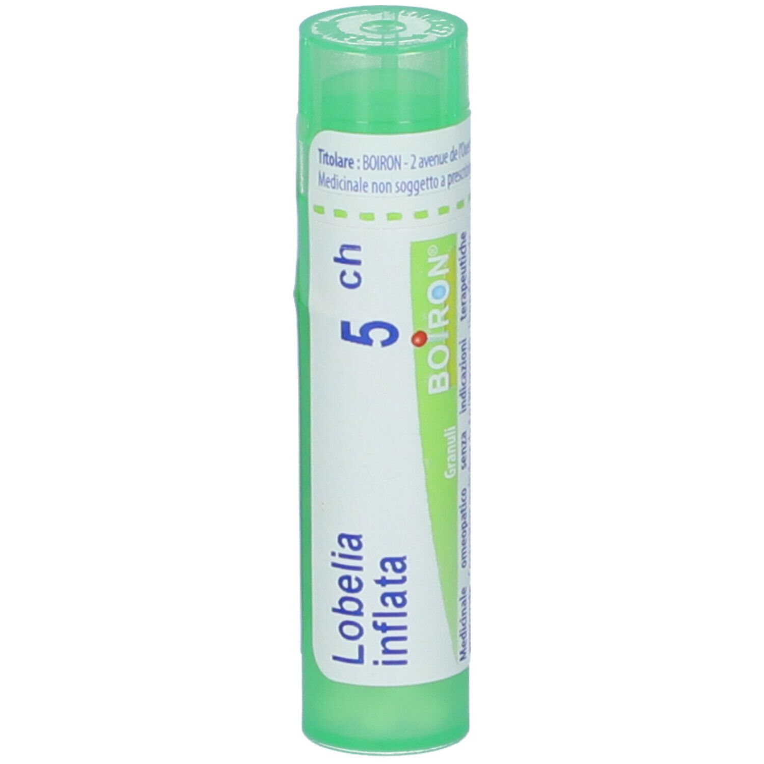 Tubo verde con etichetta bianca. Scritte: Lobelia inflata, 5 ch, BOIRON. Scritta: Granuli.