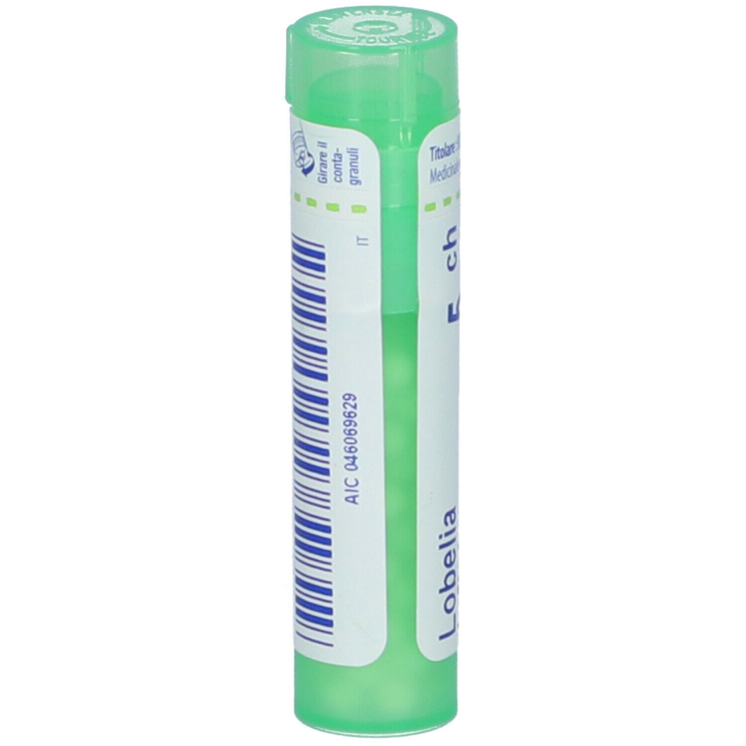 Tubo verde con etichetta bianca. Scritte: Lobelia, 5 ch. Scritta: Granuli. Con codice a barre.