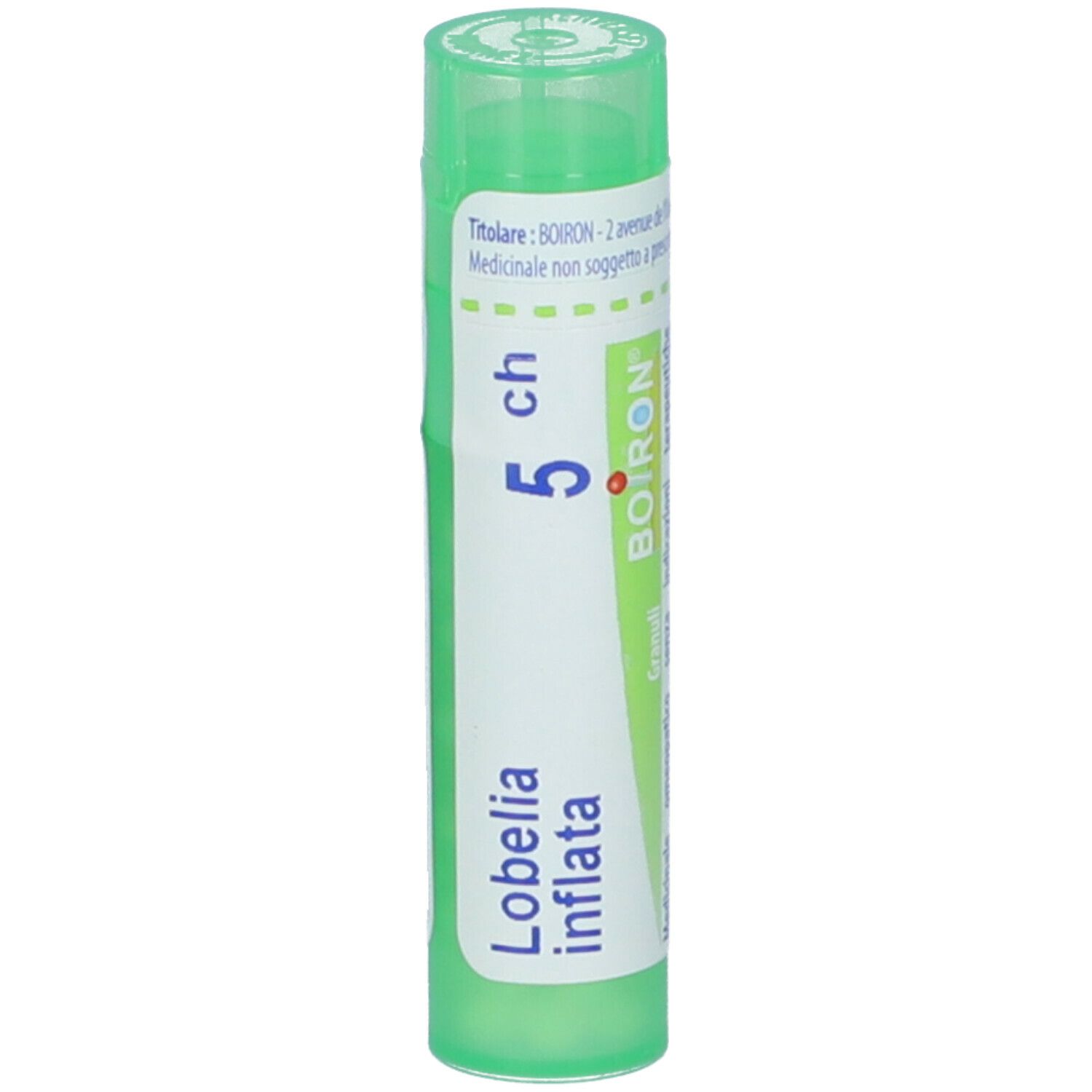 Tubo verde con etichetta bianca. Scritte: Lobelia inflata, 5 ch, BOIRON. Scritta: Granuli.