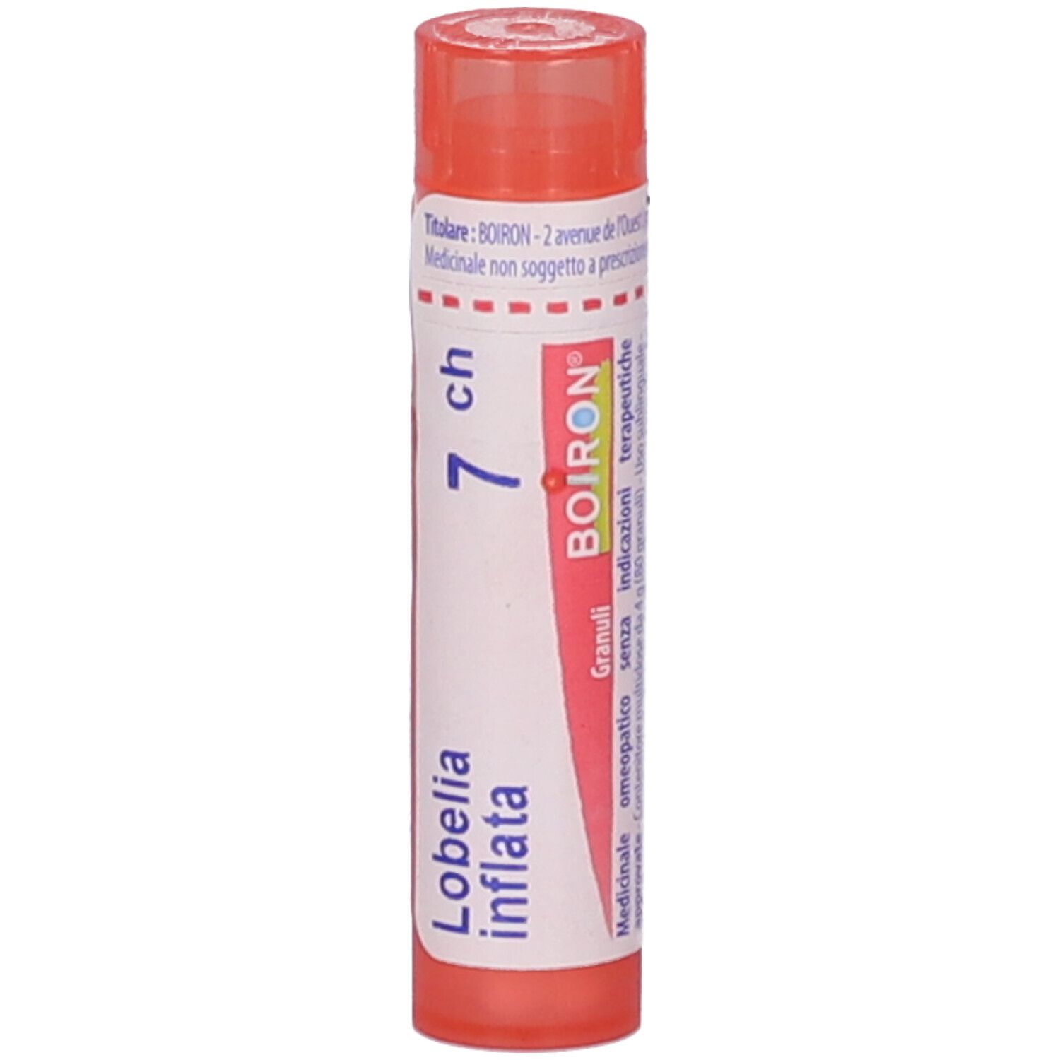 Confezione cilindrica con tappo rosa. Scritta: Lobelia inflata, 7 ch, BOIRON, Granuli. Etichetta con informazioni.