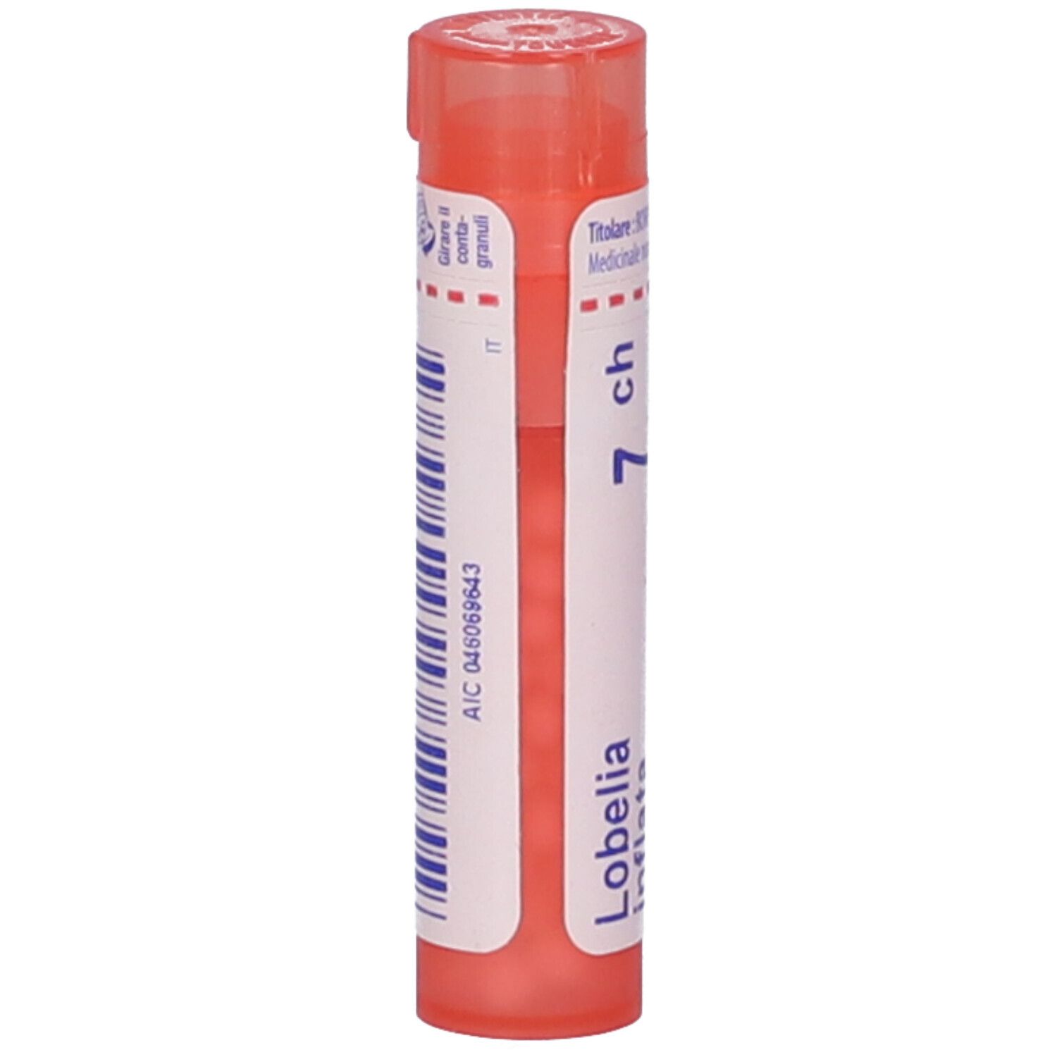 Confezione cilindrica con tappo rosa. Scritta: Lobelia, 7 ch. Etichetta con codice a barre e informazioni.