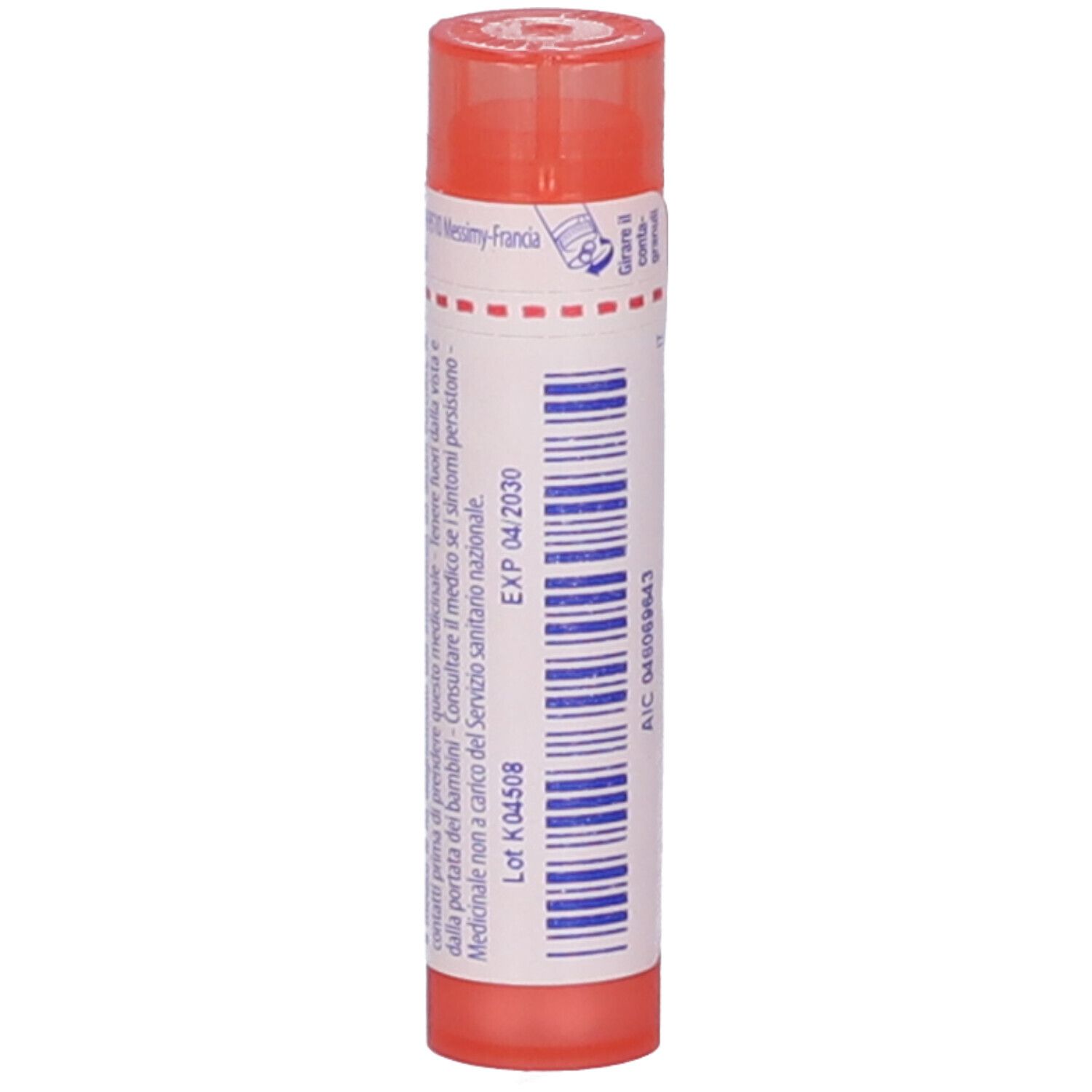 Confezione cilindrica con tappo rosa. Scritta: EXP 04/2030. Etichetta con codice a barre e informazioni.