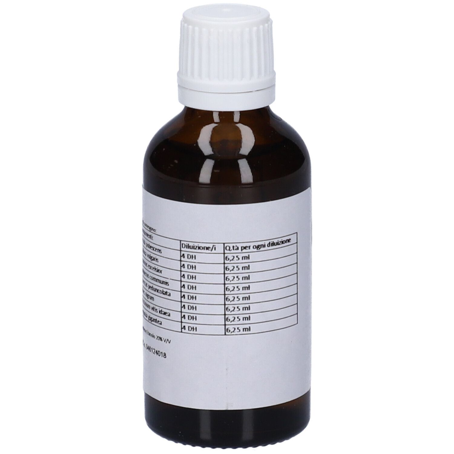 Flacone di vetro marrone con tappo bianco. Etichetta con ingredienti e dosaggio. Testo in italiano.