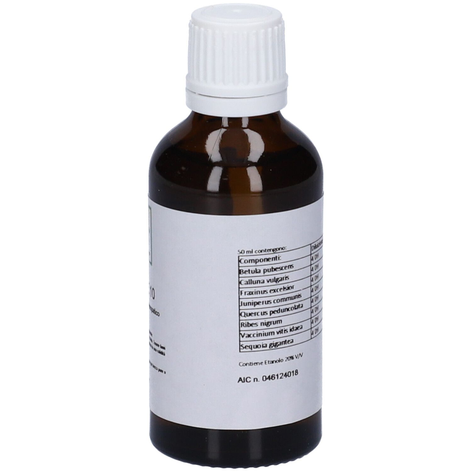 Flacone di vetro marrone con tappo bianco. Etichetta con ingredienti. Elenco di estratti vegetali.