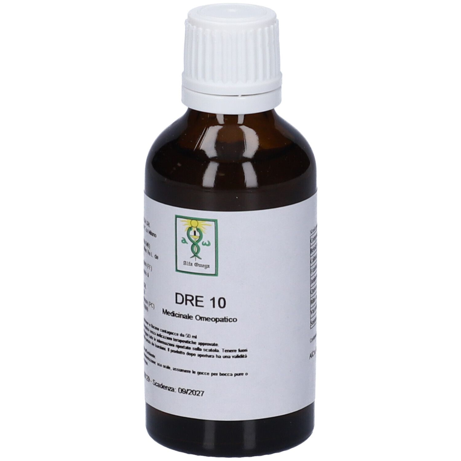 Flacone di vetro marrone con tappo bianco. Etichetta con nome prodotto: DRE 10. Medicinale omeopatico. Logo.