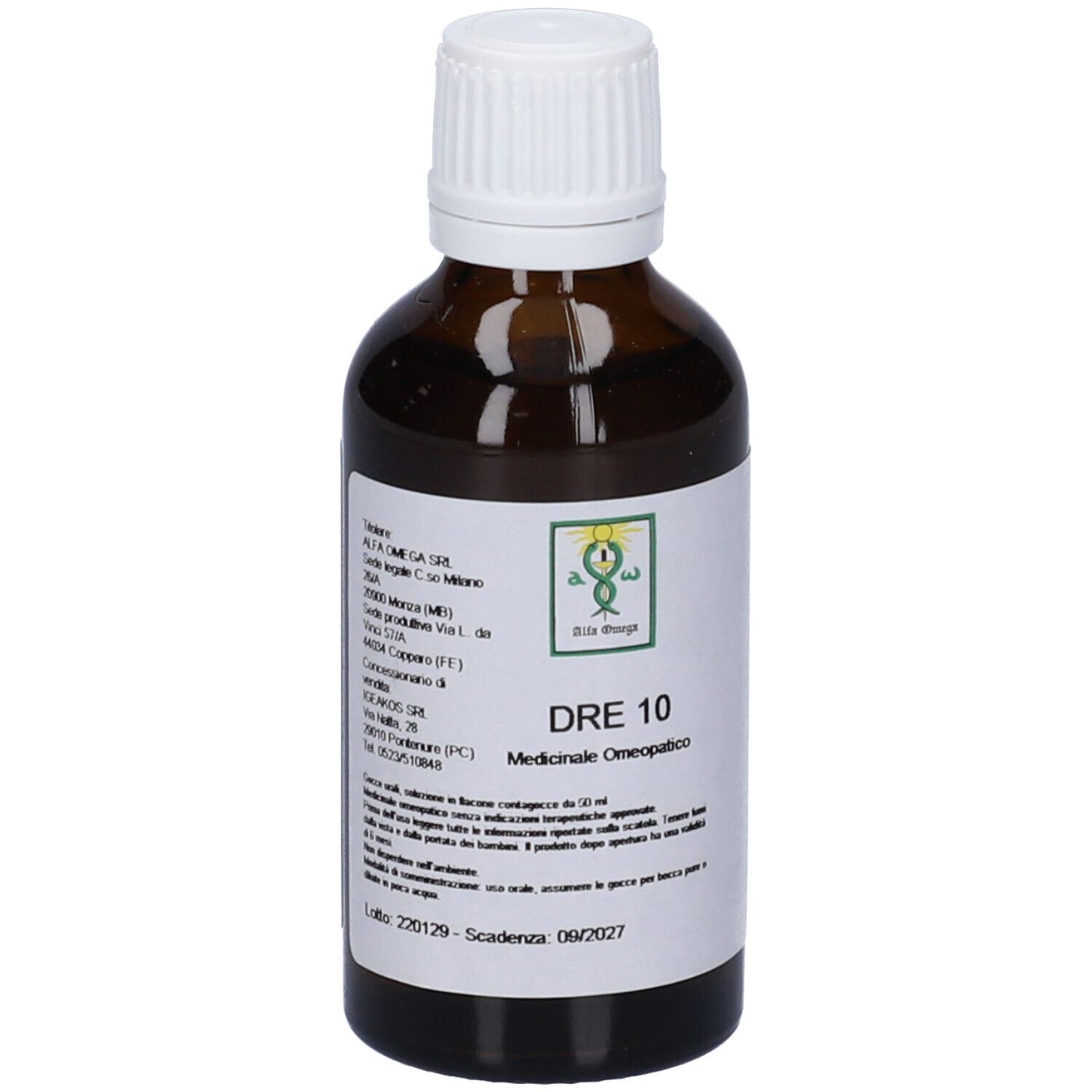 Flacone di vetro marrone con tappo bianco. Etichetta con nome prodotto: DRE 10. Medicinale omeopatico. Logo.