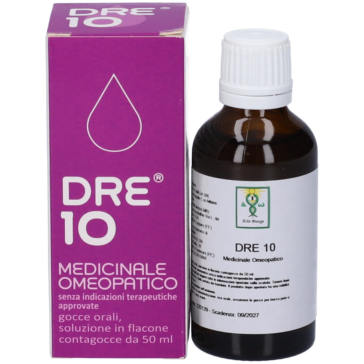 Flacone di vetro marrone con tappo bianco e confezione. Nome prodotto: DRE 10. Medicinale omeopatico. Scatola viola.