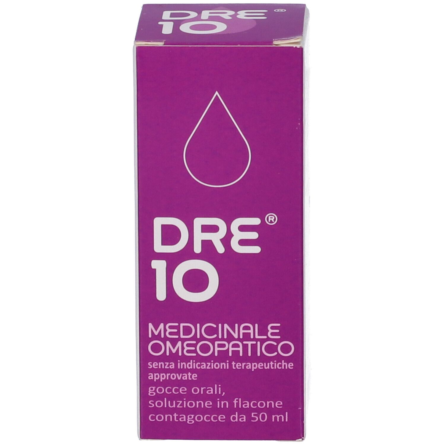Scatola viola con nome prodotto: DRE 10. Medicinale omeopatico. Testo e logo. Simbolo goccia.